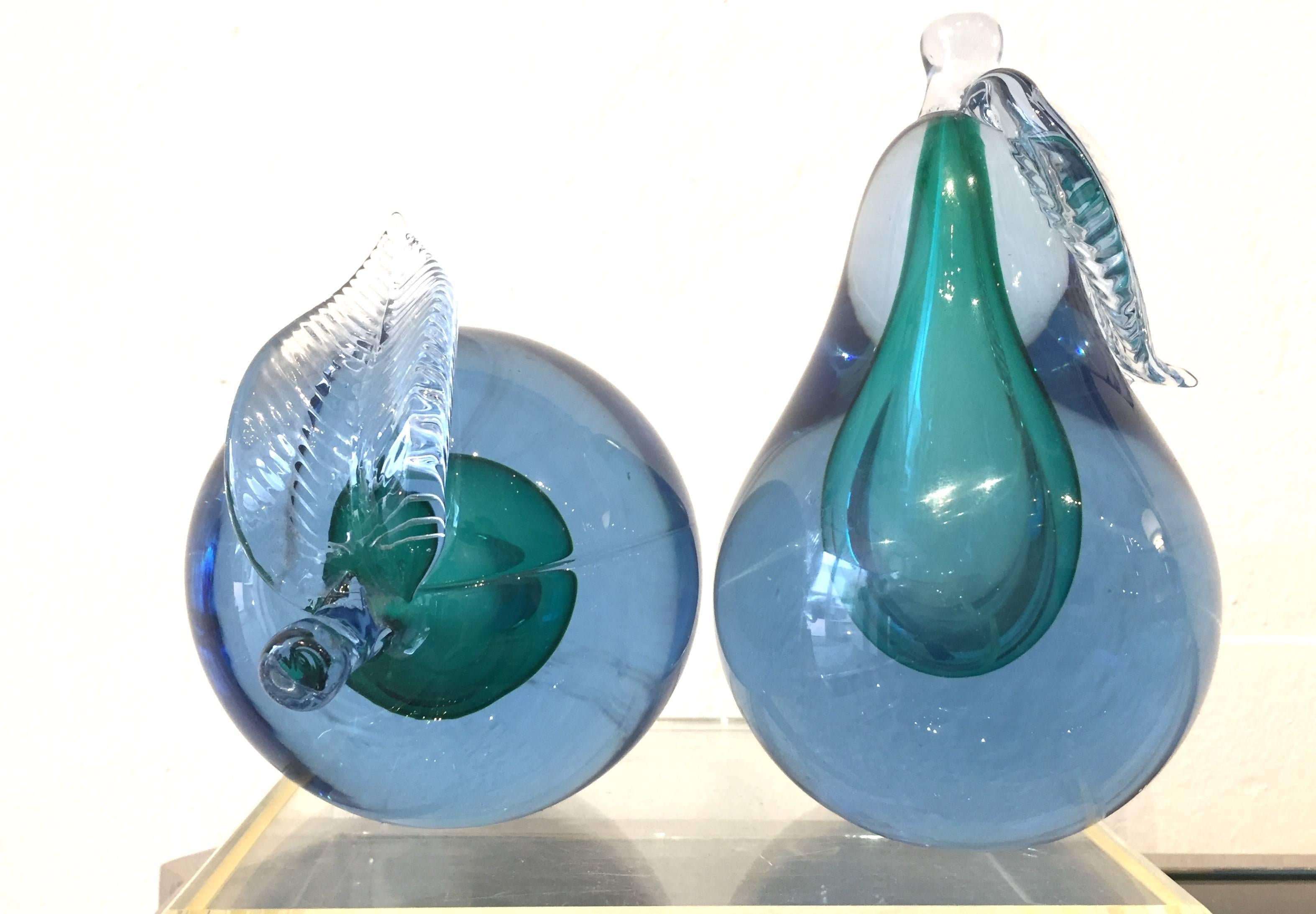 Pair of Sommerso Murano Barbini Blue Green Apple and Pear Art Glass Bookends 3