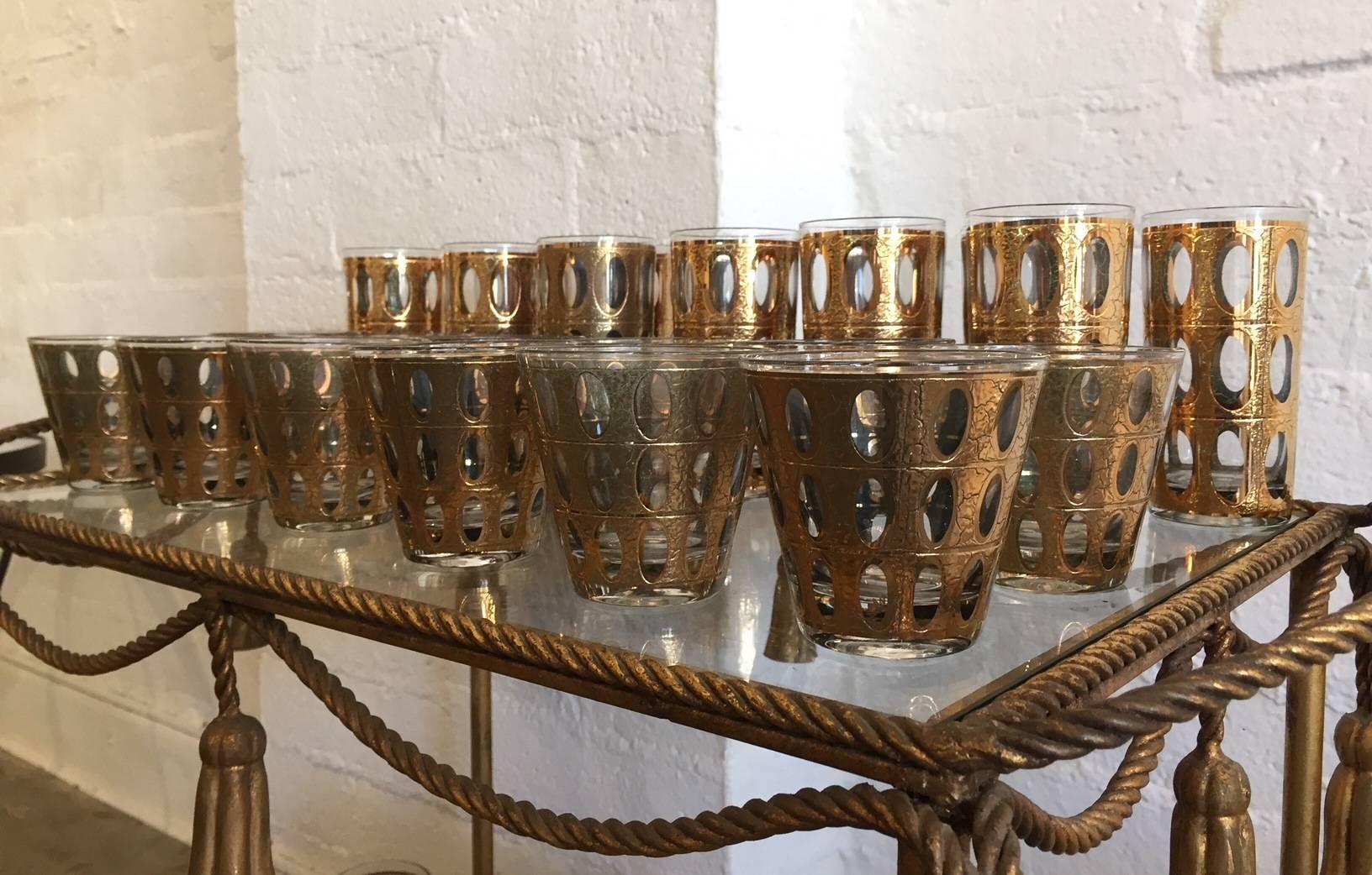 20th Century Set of 24 Culver Pisa Cocktail Glasses  22-Karat Gold Barware