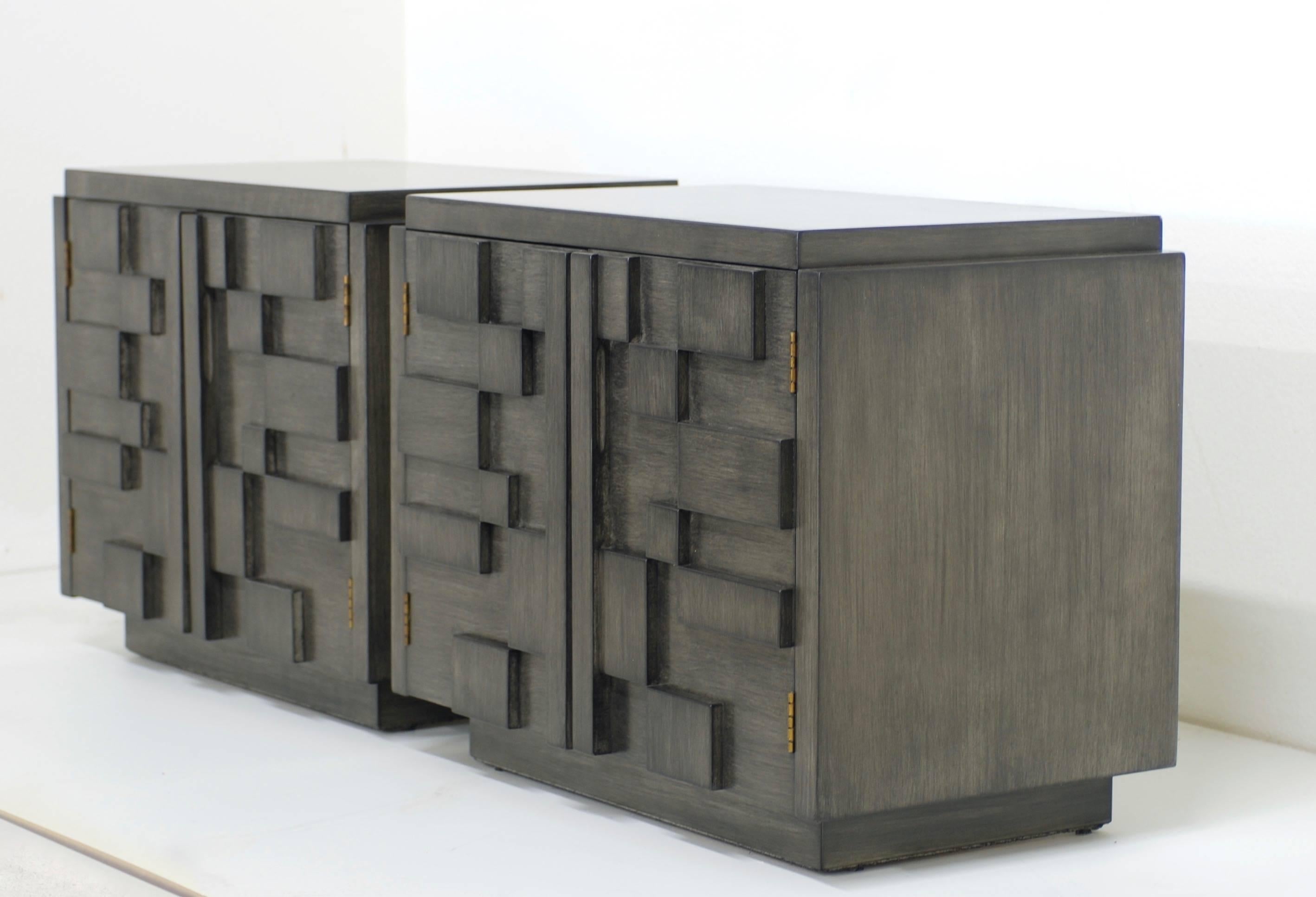 Pair of Charcoal Grey Lane Mosaic Brutalist Nightstands In Excellent Condition In Palm Springs, CA