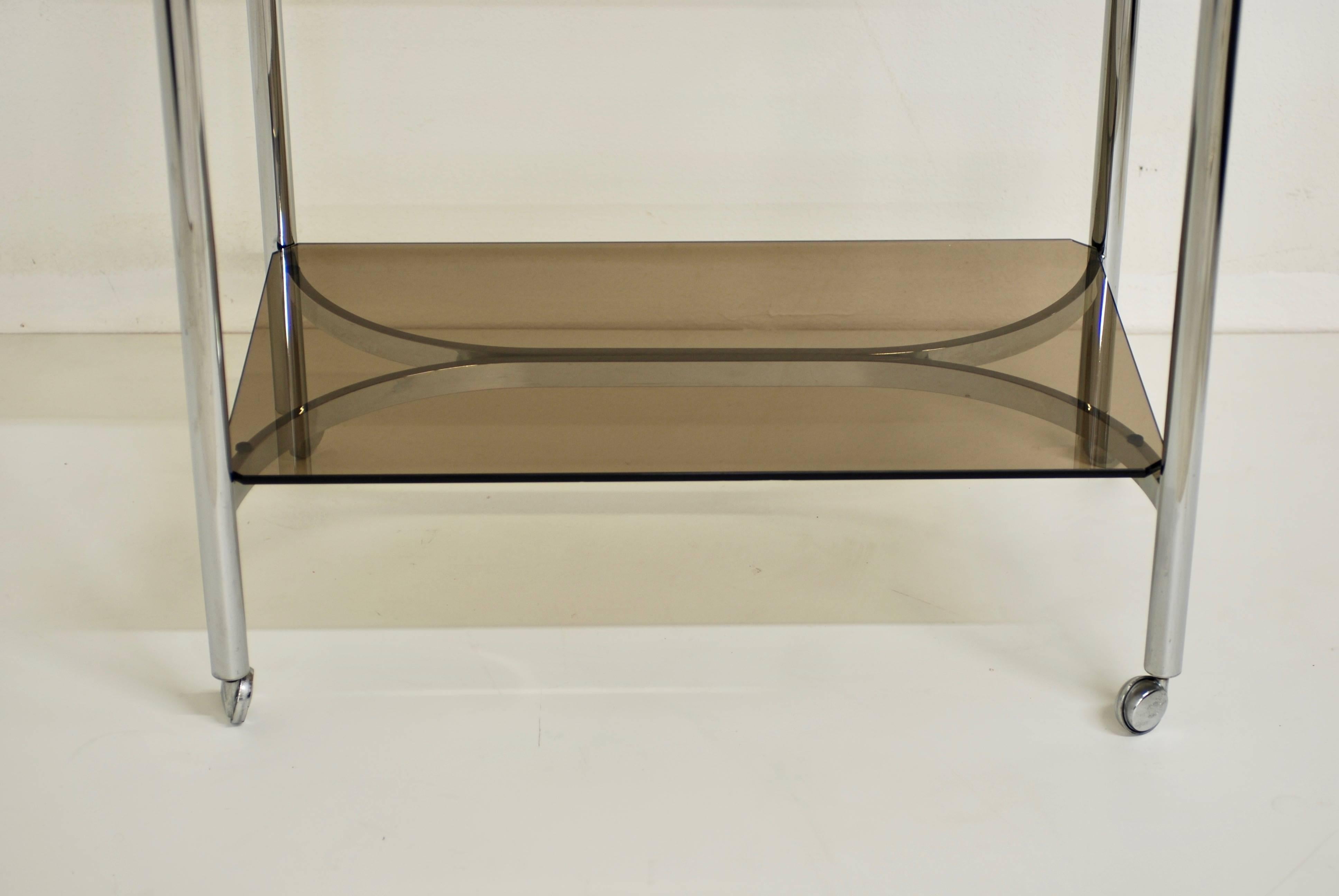 Mixed Metal Chrome Brass and Bronze Glass 1970s Bar Cart In Good Condition In Palm Springs, CA