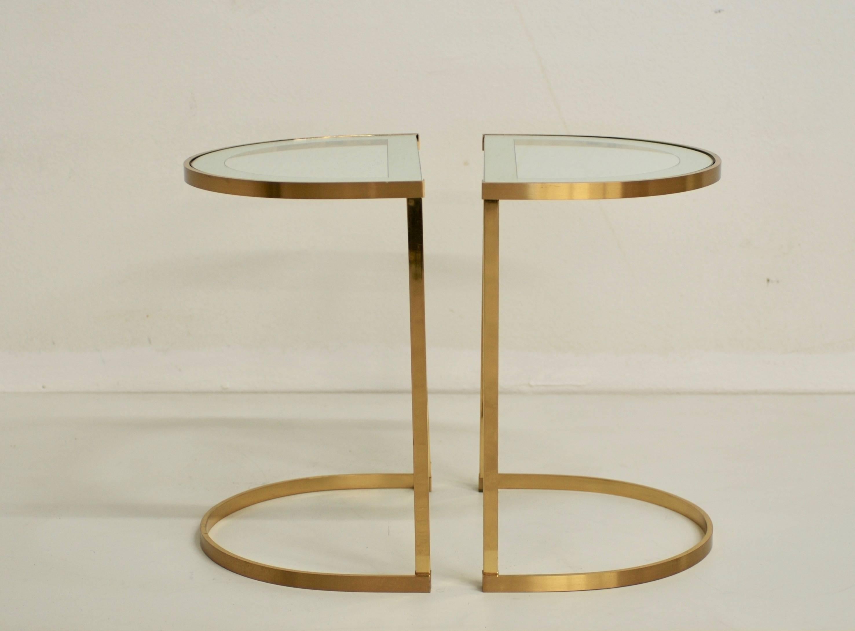 Pair of Italian 1970s Brass Demilune Side Tables with Mirror Bordered Glass In Good Condition In Palm Springs, CA