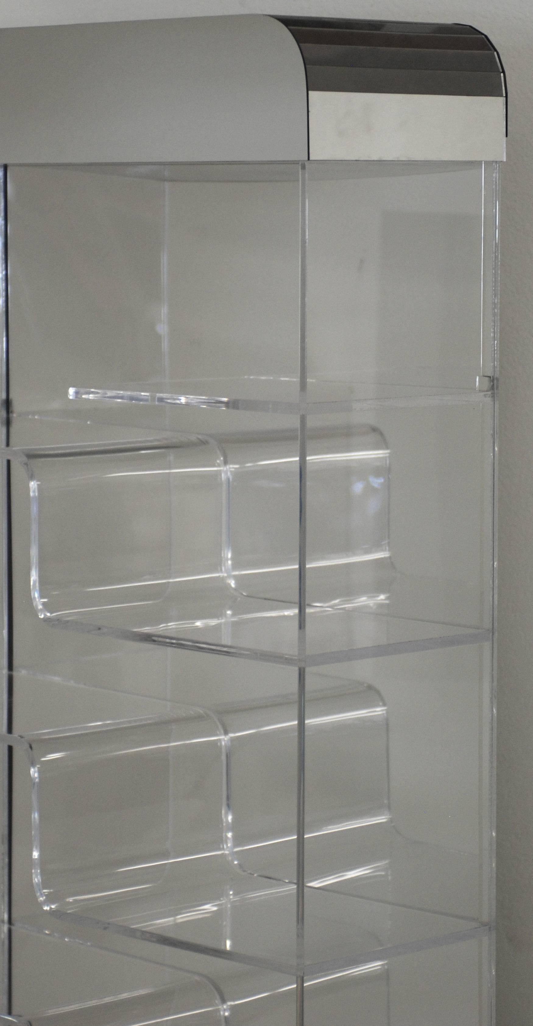 American  Tall Lucite and Mirror Lighted Shelving Vitrine