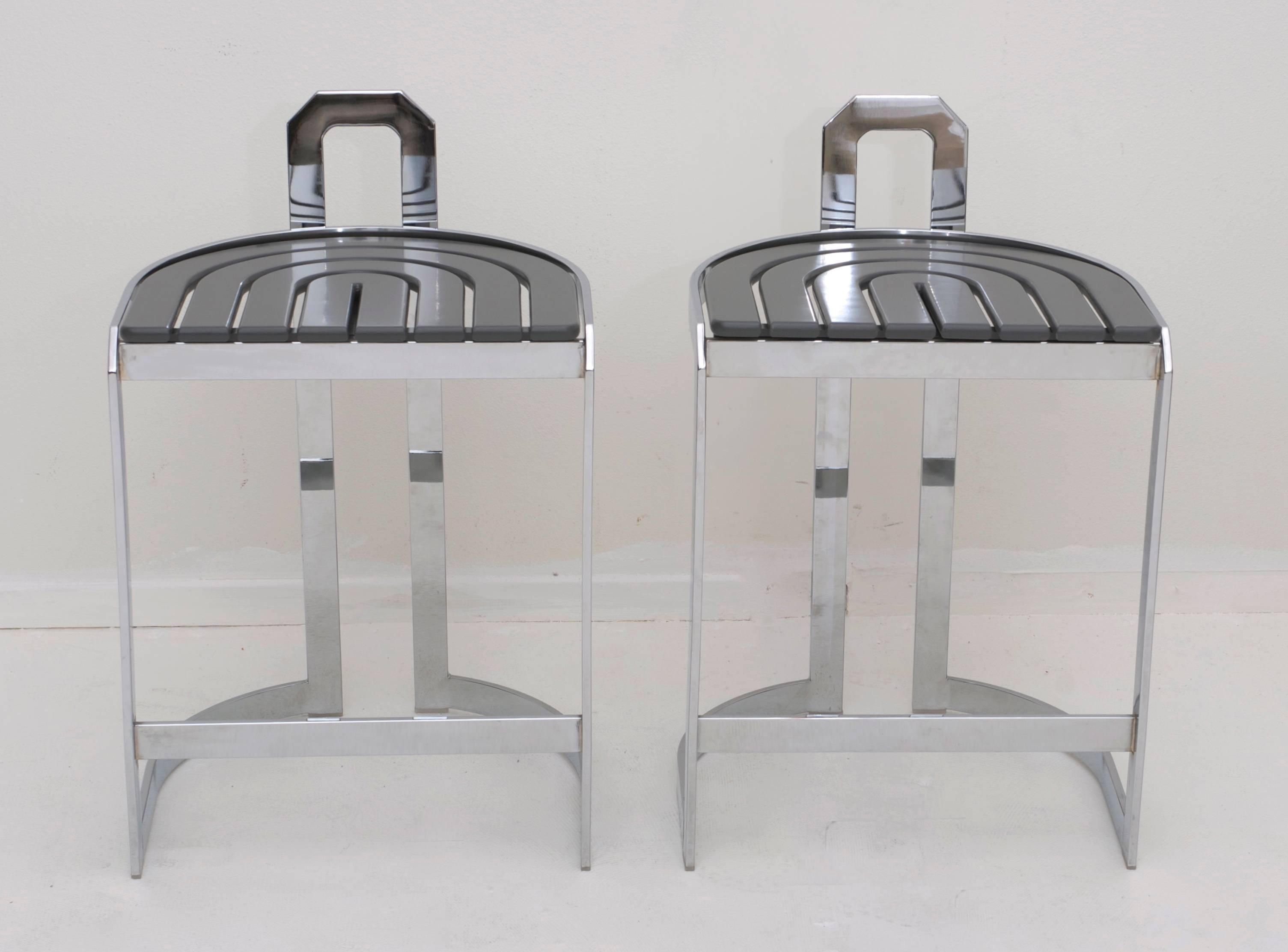 Post-Modern Pair of Postmodern Chrome and Grey Counter Height Barstools