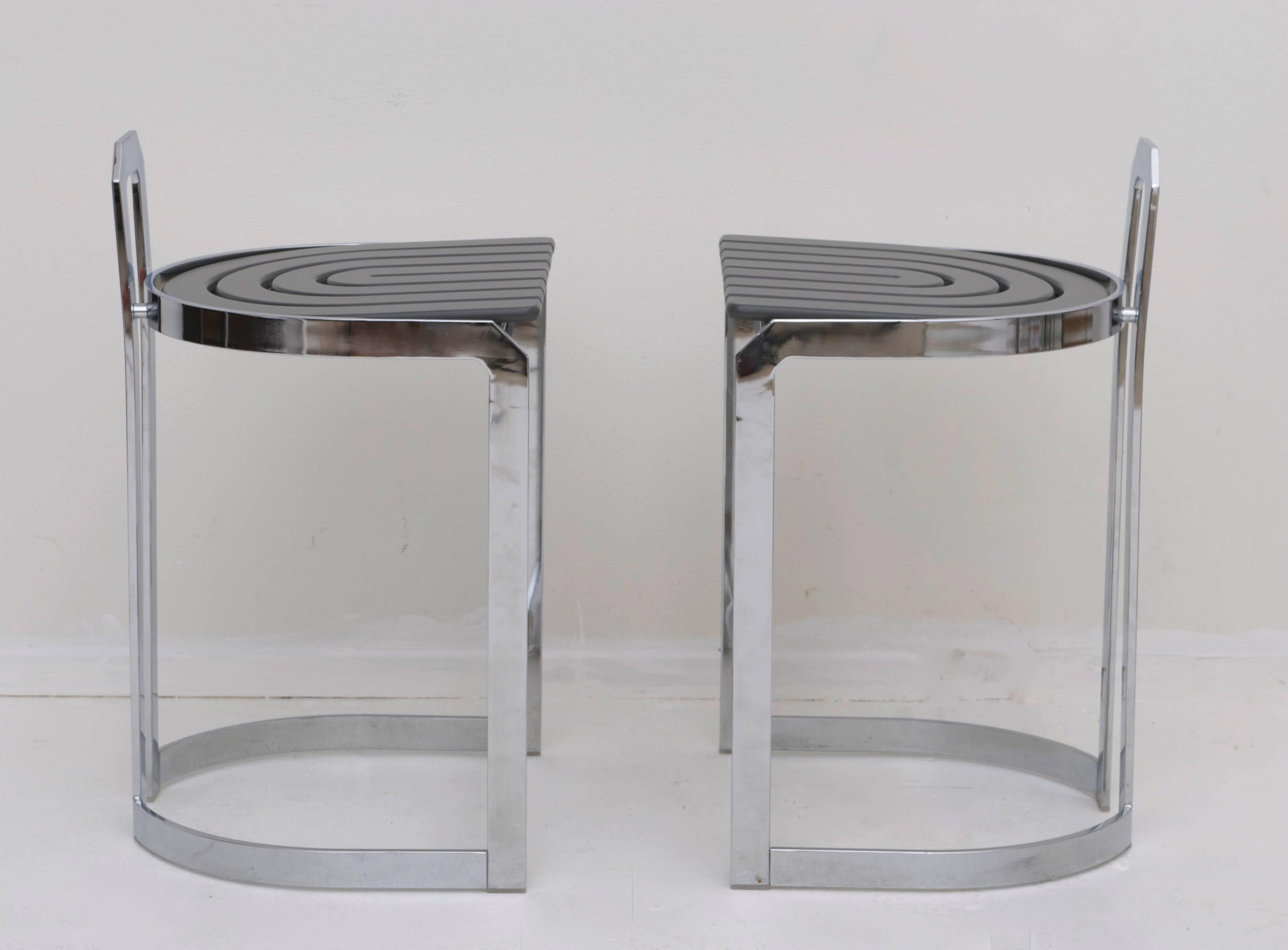 German Pair of Postmodern Chrome and Grey Counter Height Barstools