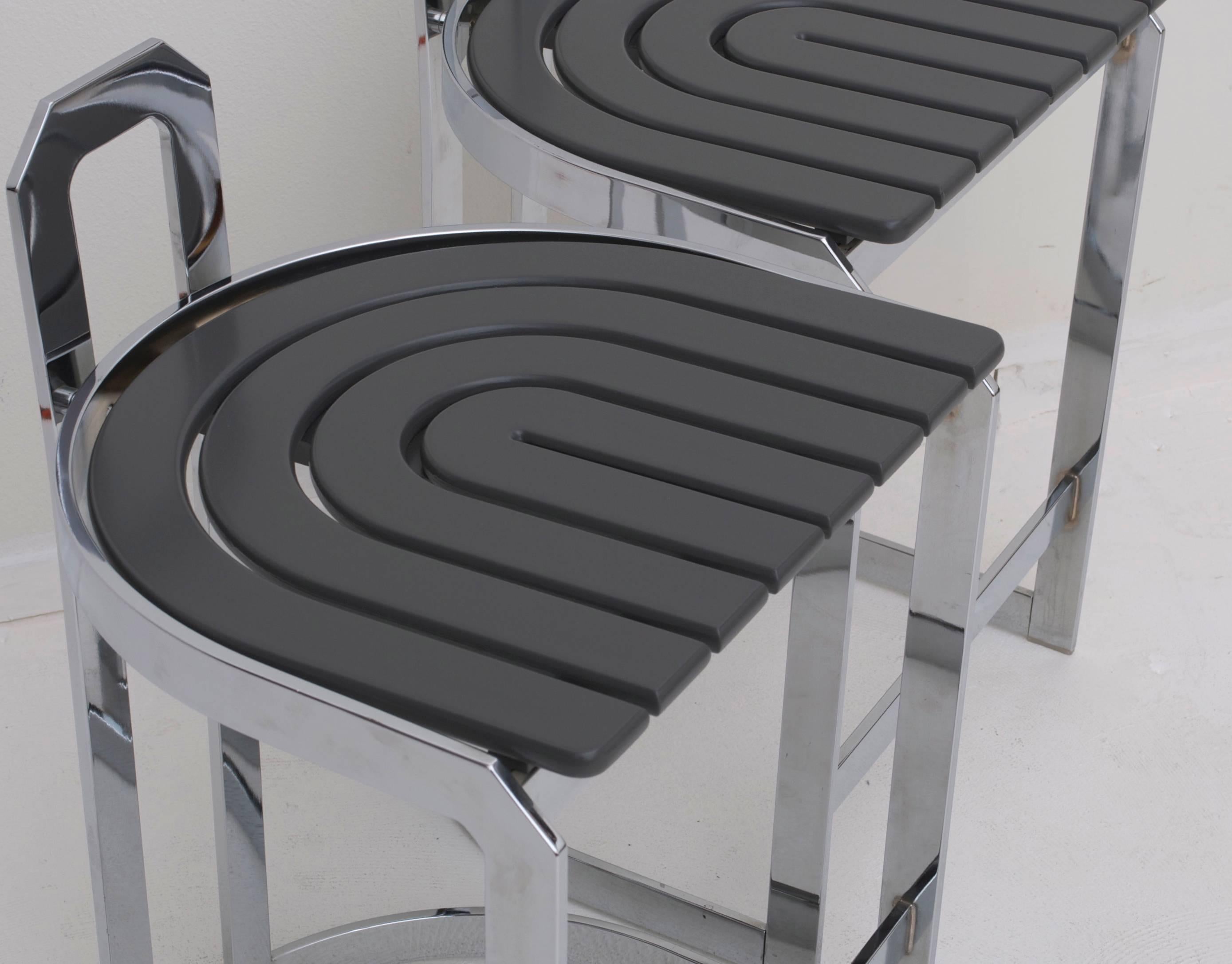 Pair of Postmodern Chrome and Grey Counter Height Barstools 1