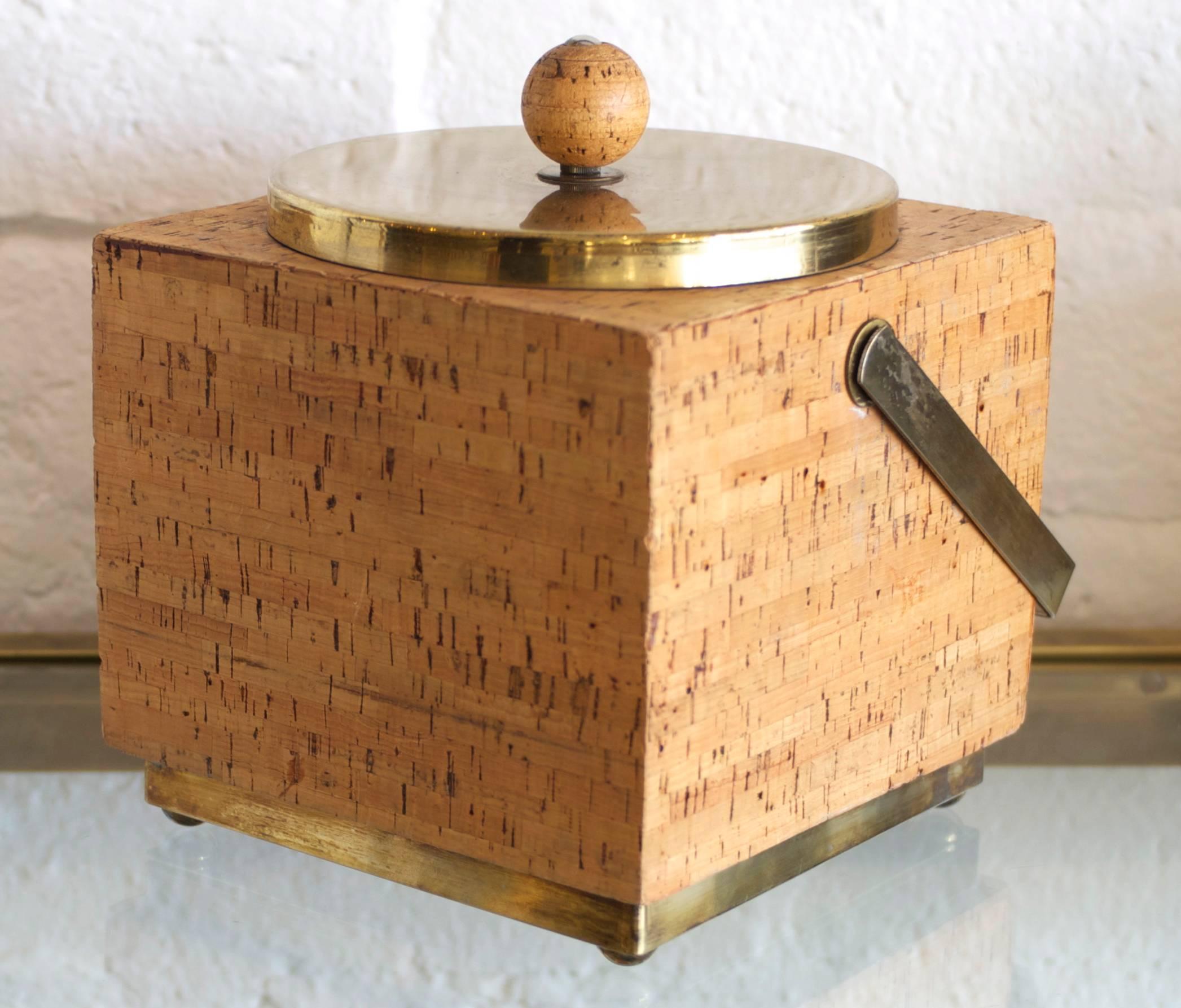Modernist Cork and Brass Ice Bucket In Excellent Condition In Palm Springs, CA
