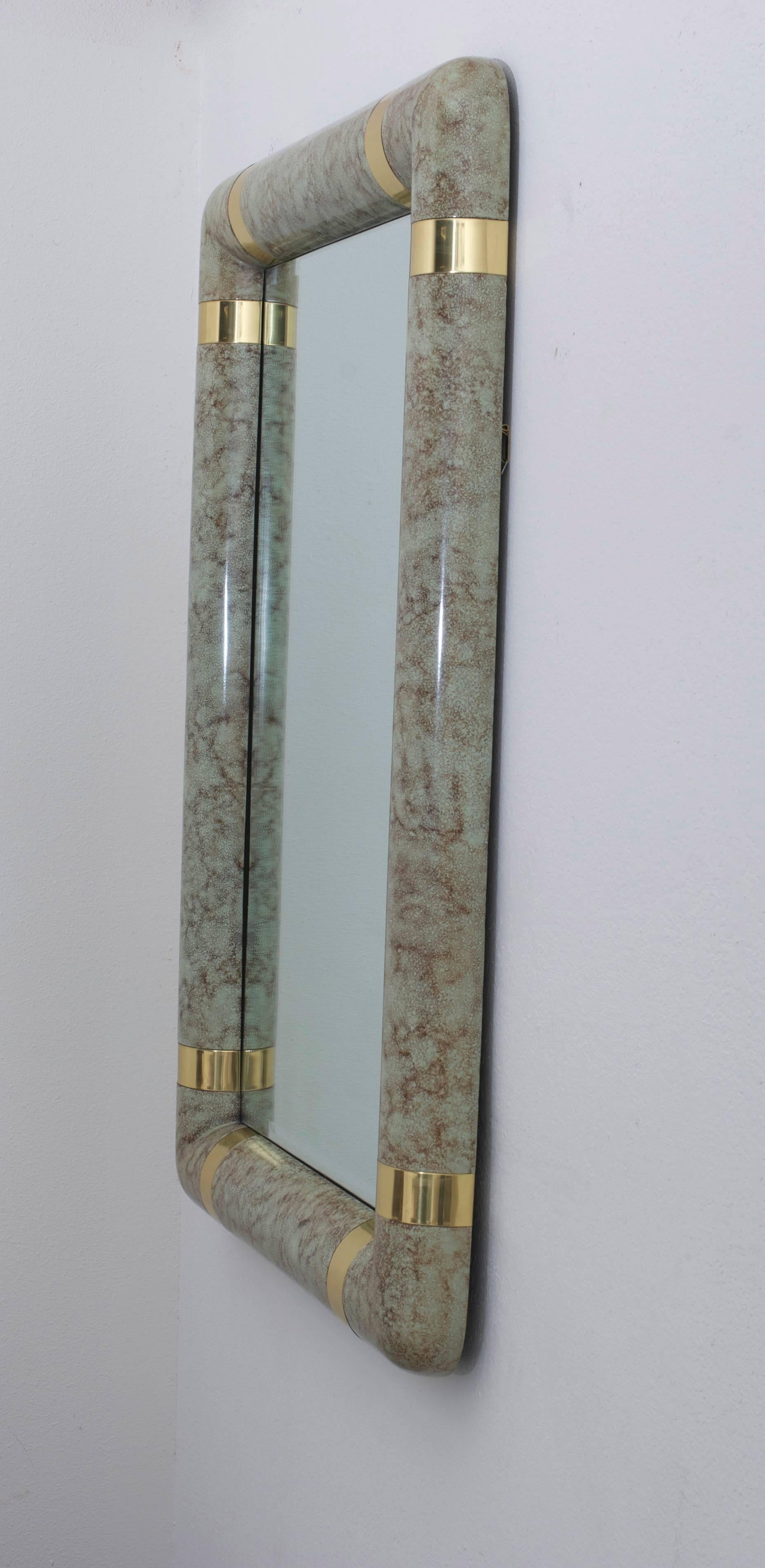 Mid-Century Modern Karl Springer Style Faux Parchment and Brass Mirror For Sale