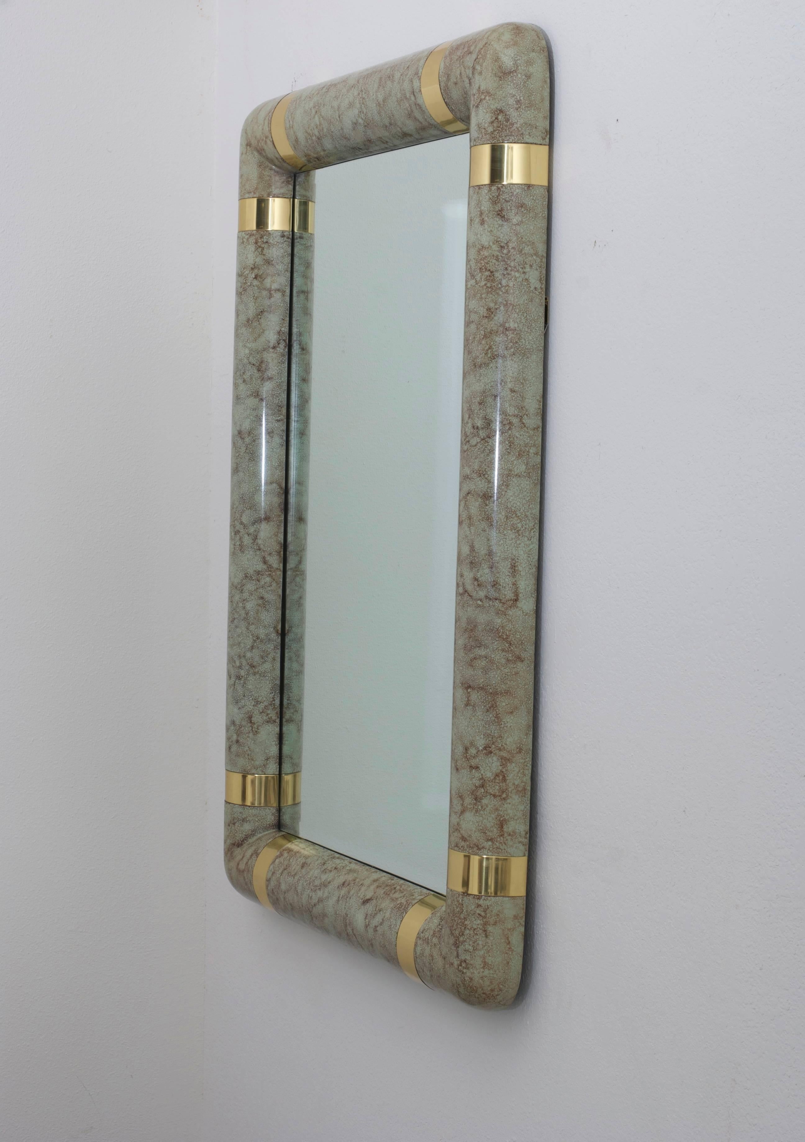 Karl Springer Style Faux Parchment and Brass Mirror For Sale 4