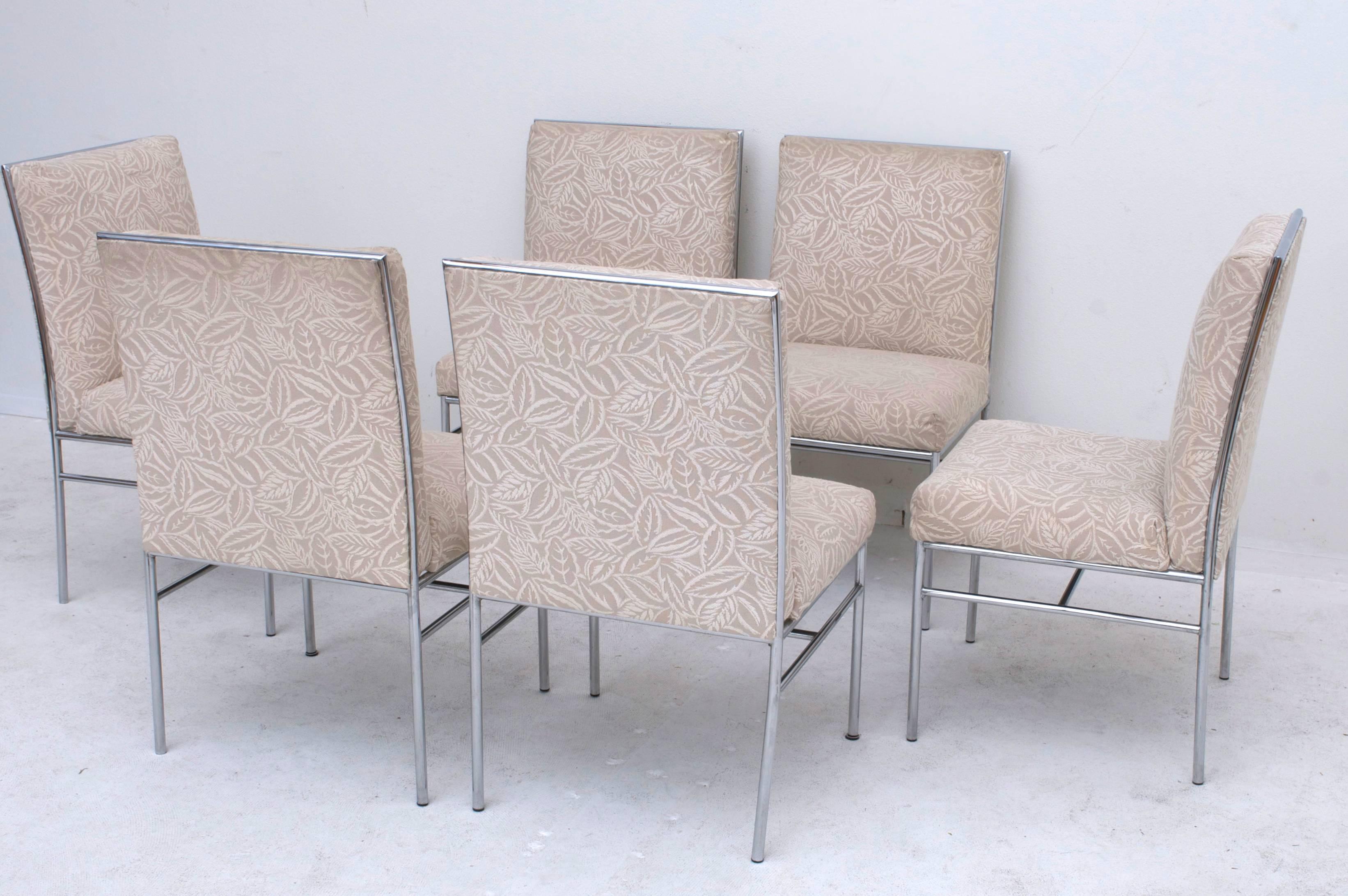 Set of Six Chrome Milo Baughman Style Dining Chairs Original Fabric In Good Condition In Palm Springs, CA