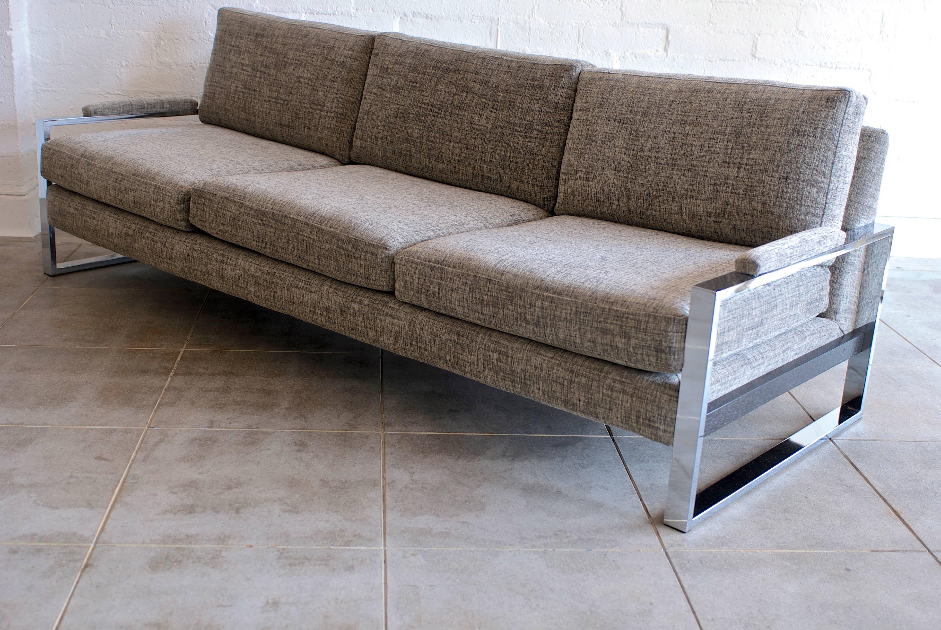Mid-Century Modern Milo Baughman Chrome Flat Bar Sofa and Lounge Chair