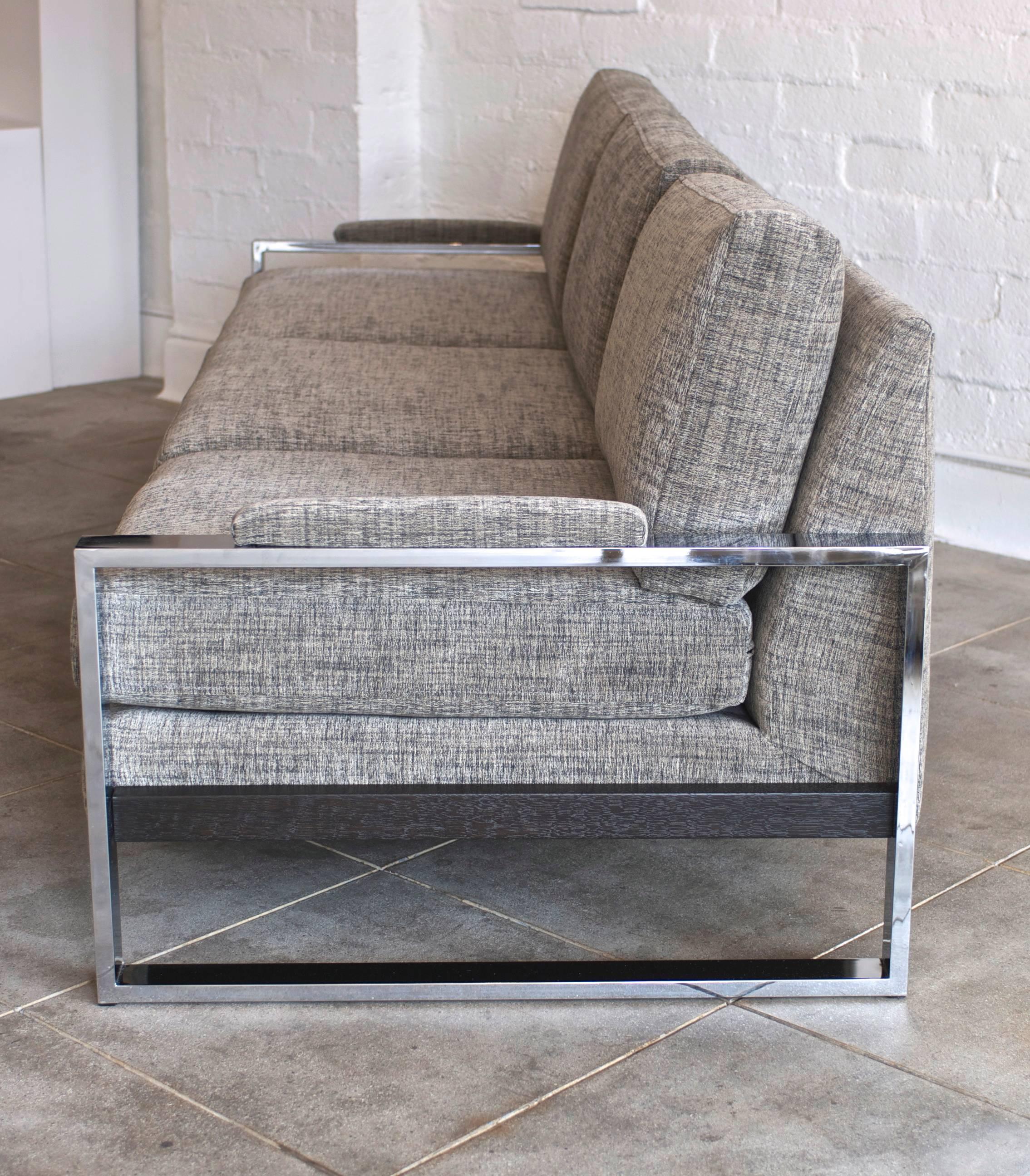American Milo Baughman Chrome Flat Bar Sofa and Lounge Chair
