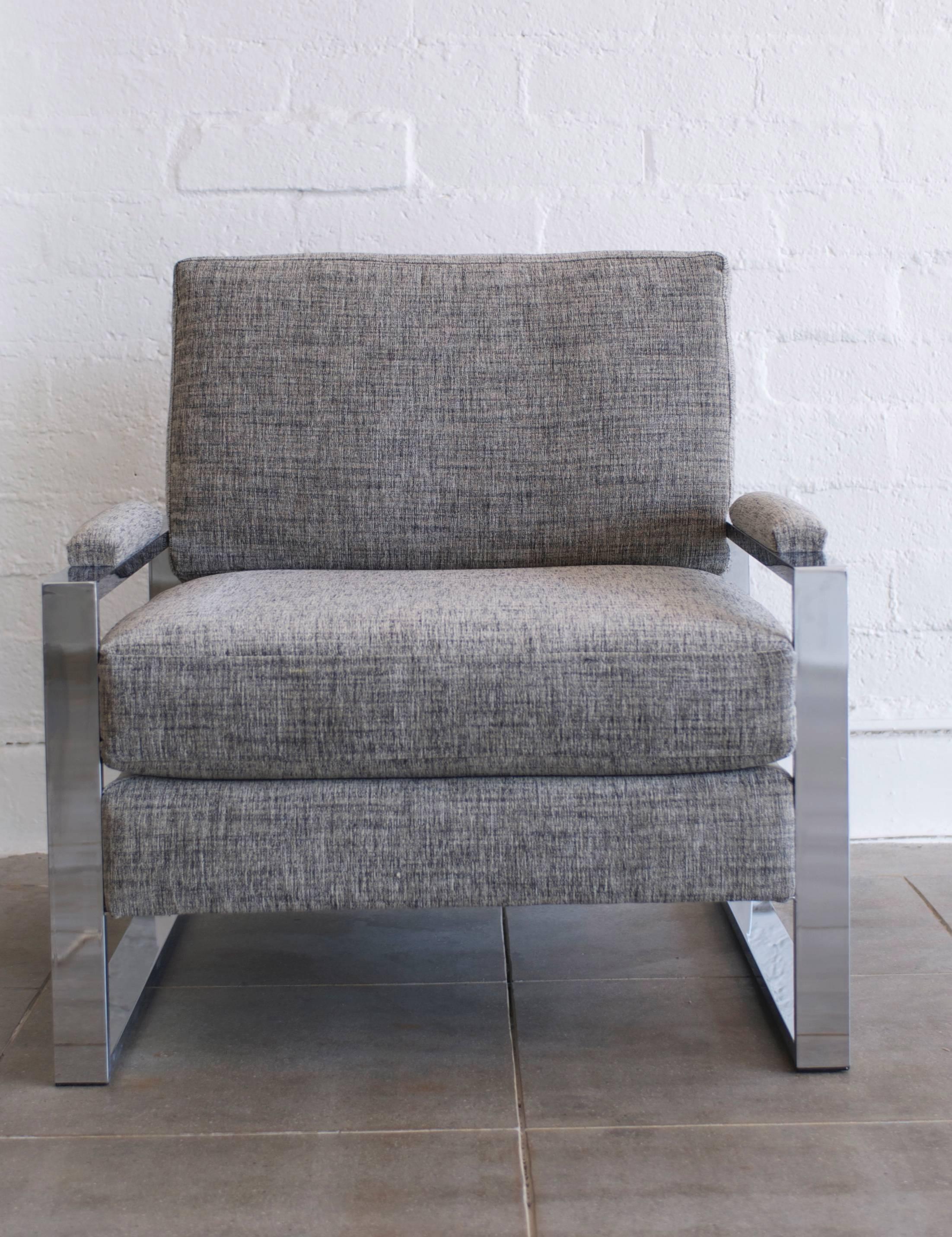 20th Century Milo Baughman Chrome Flat Bar Sofa and Lounge Chair