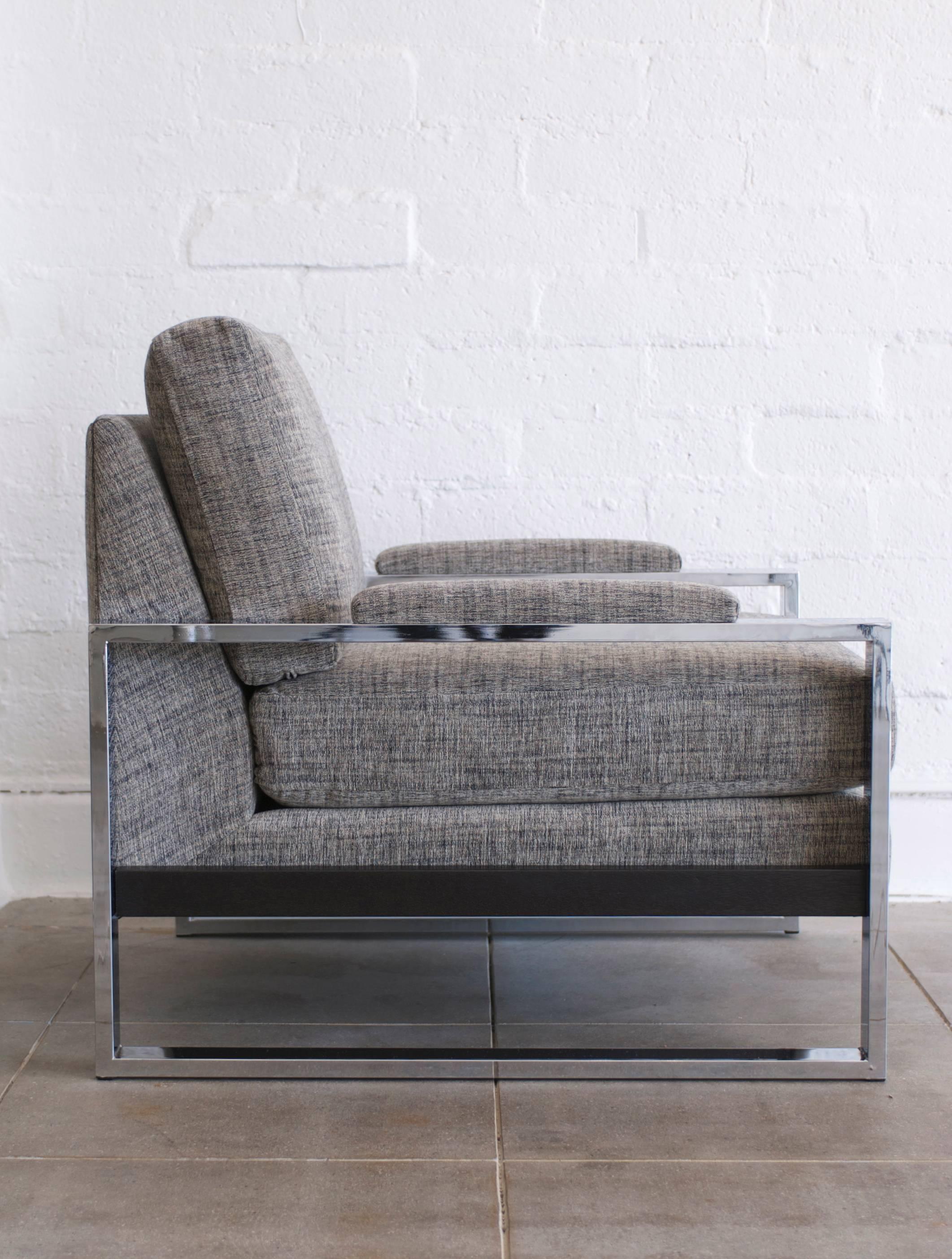 Milo Baughman Chrome Flat Bar Sofa and Lounge Chair 1