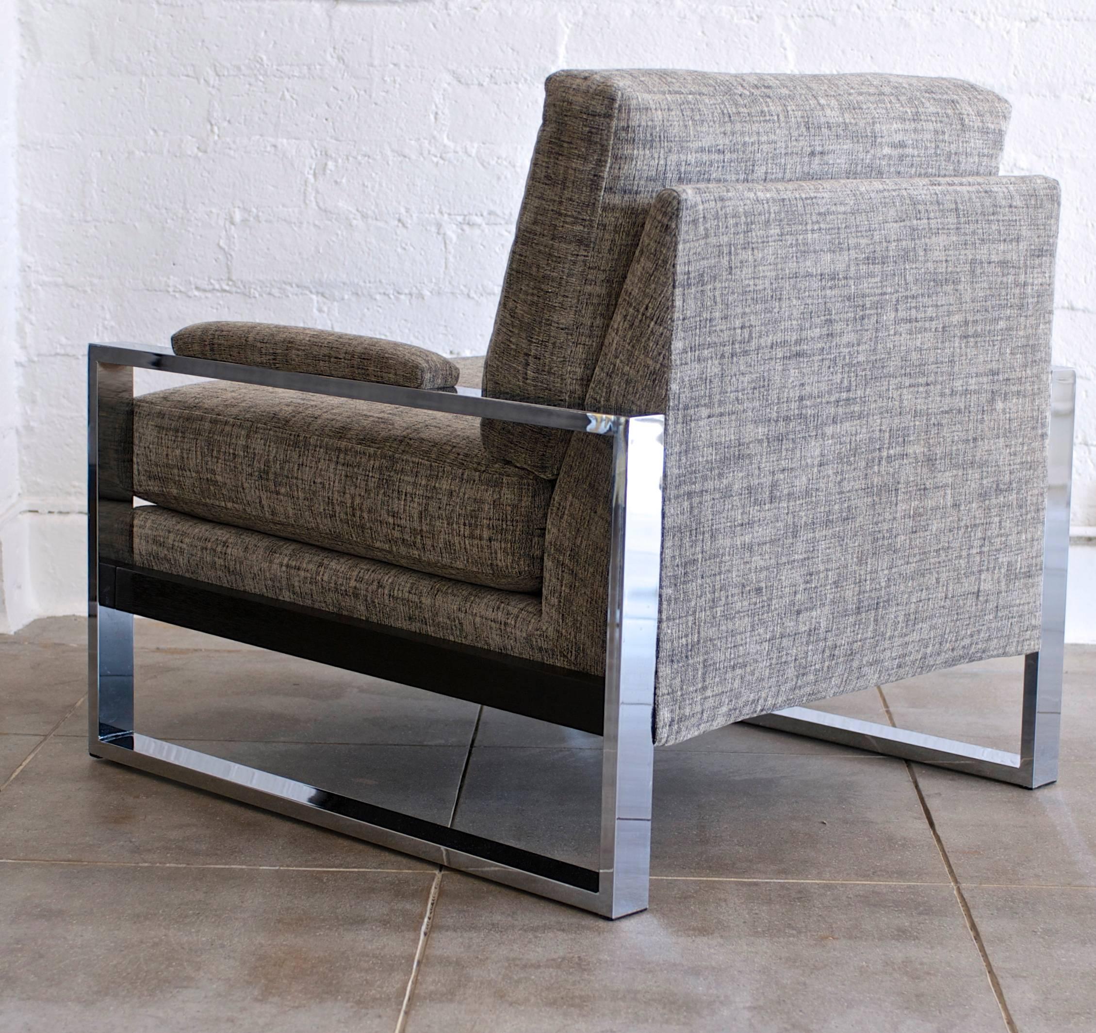 Milo Baughman Chrome Flat Bar Sofa and Lounge Chair 3