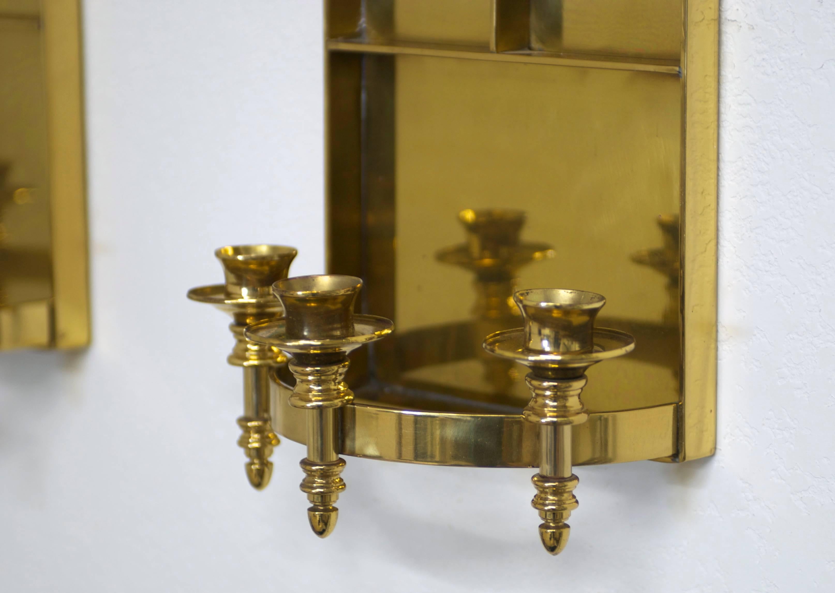 American Pair of Solid Brass Mid-Century Candle Wall Sconces For Sale