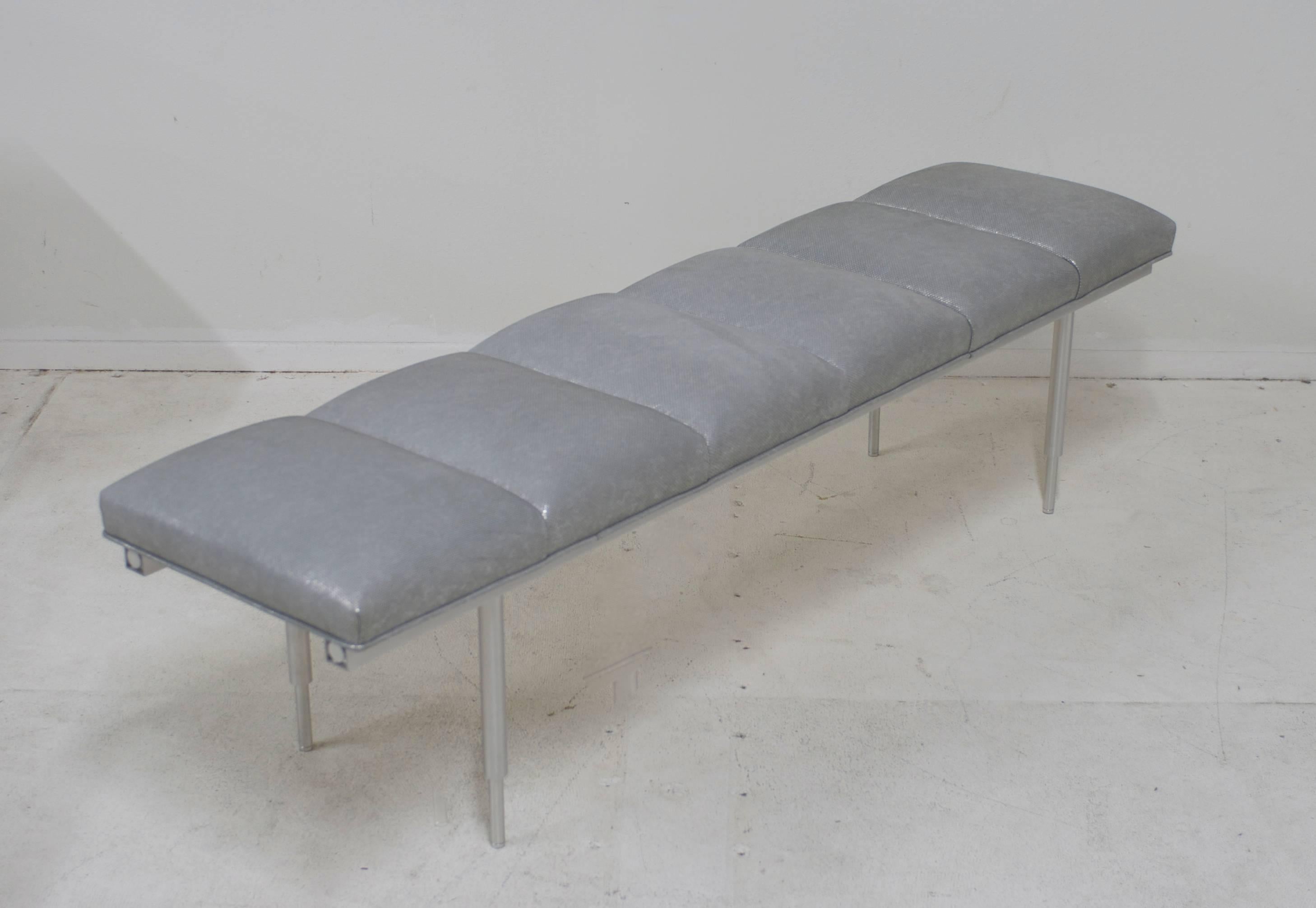 Mid-Century Modern Channel Tufted Modernist Leather Mid-Century Aluminum Bench