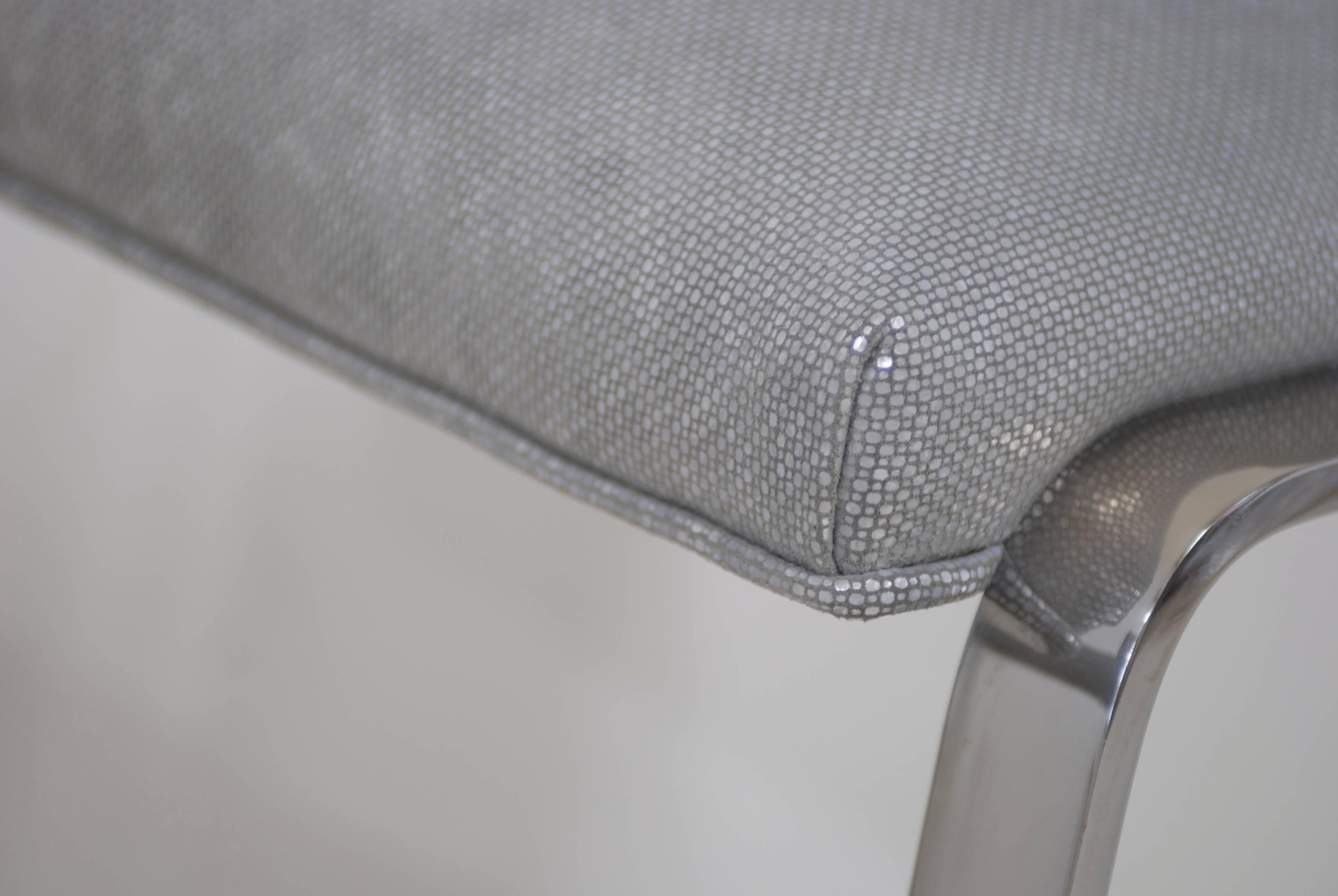 Leather Pair of Bar Height Flat Bar Polished Steel Bar Stools For Sale