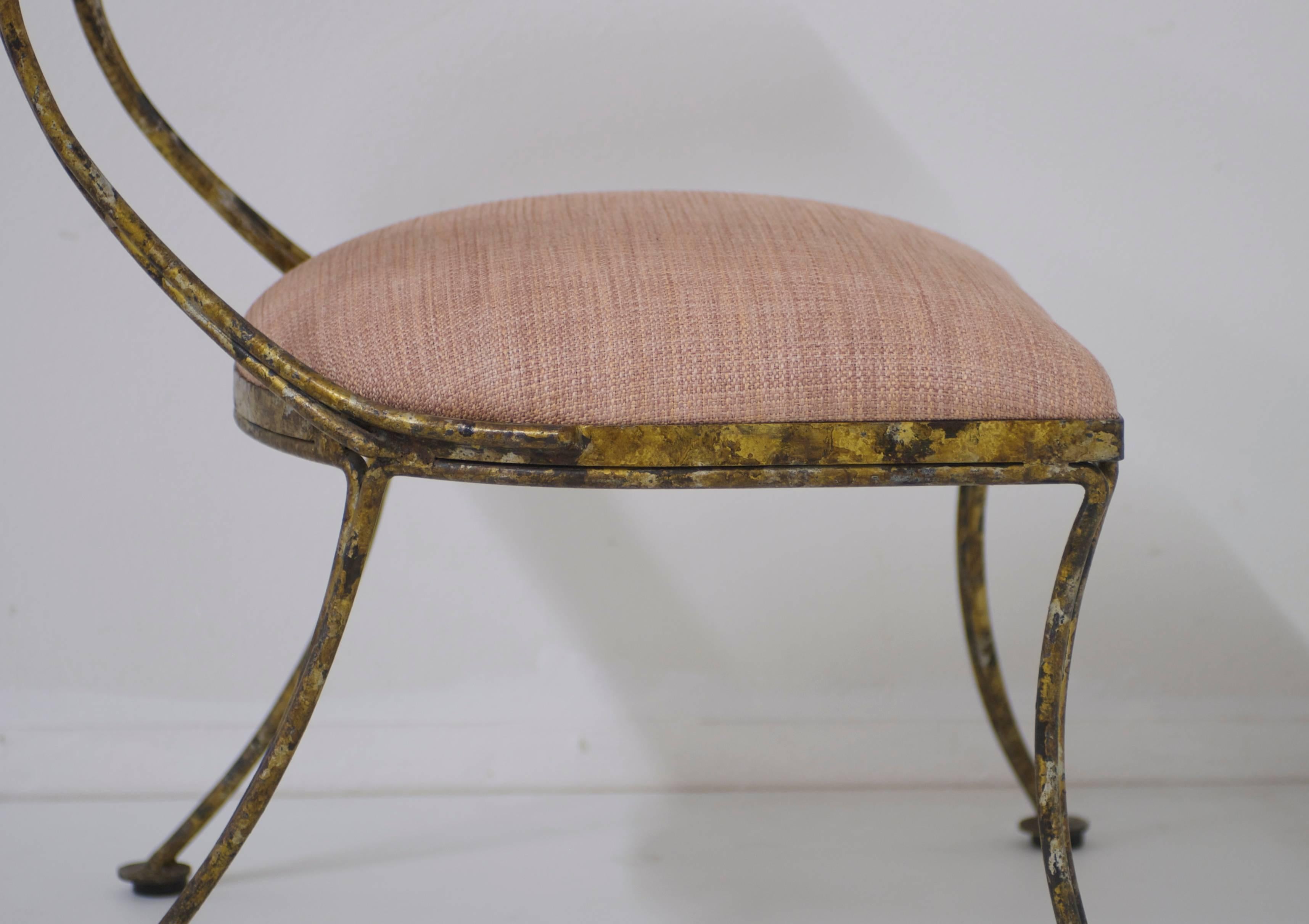 Hollywood Regency Gilt Metal Klismos Occasional Chair in Blush Pink