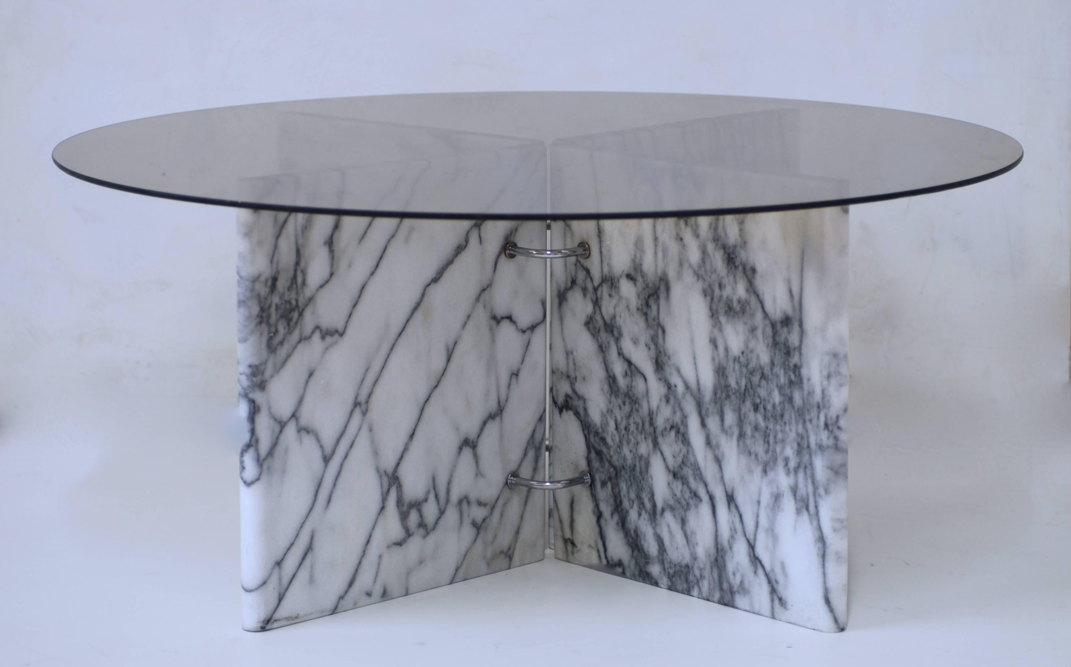 This pair of marble bases can be configured to hold various sizes of glass tops as shown in the photos. They can accommodate a round, square or rectangular piece of glass. The marble has chrome fittings which can be unscrewed so they can be shipped