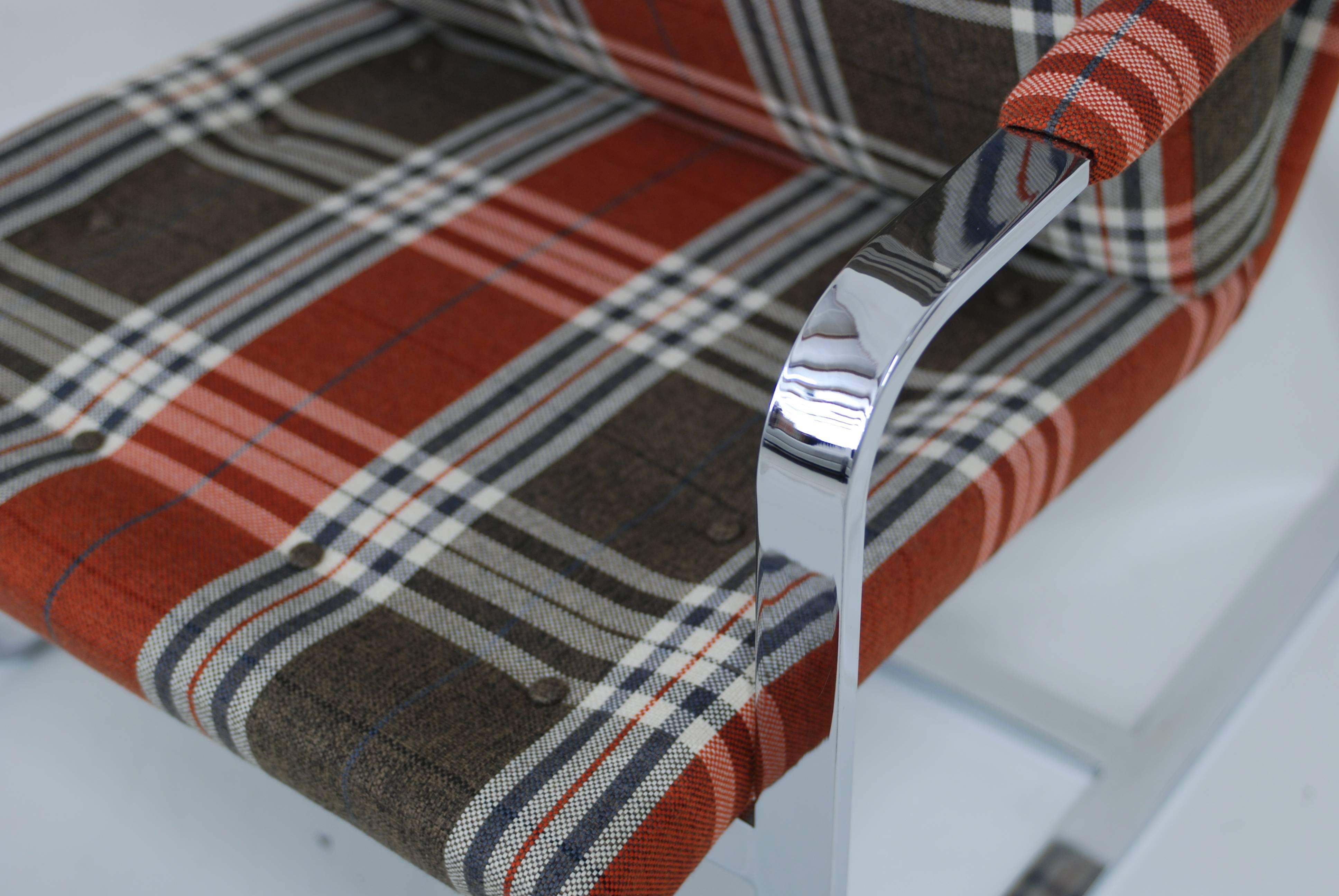 Chrome Milo Baughman Style Lounge Chair with Tartan Fabric 3