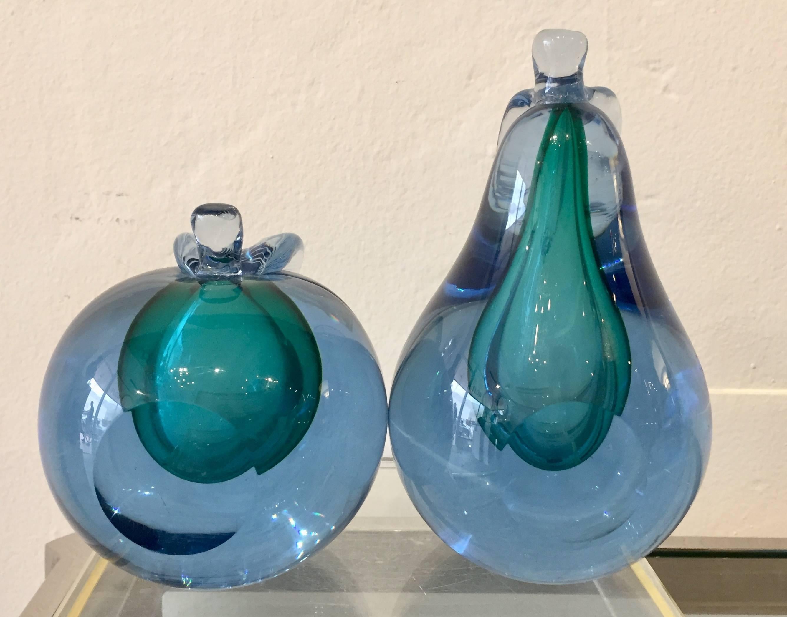 Pair of Sommerso Murano Barbini Blue Green Apple and Pear Art Glass Bookends 4