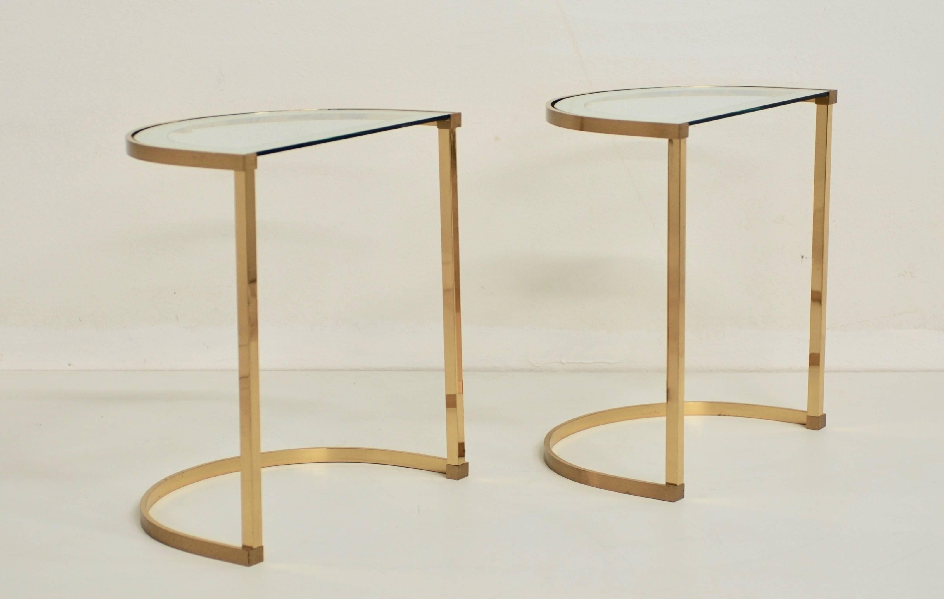 20th Century Pair of Italian 1970s Brass Demilune Side Tables with Mirror Bordered Glass