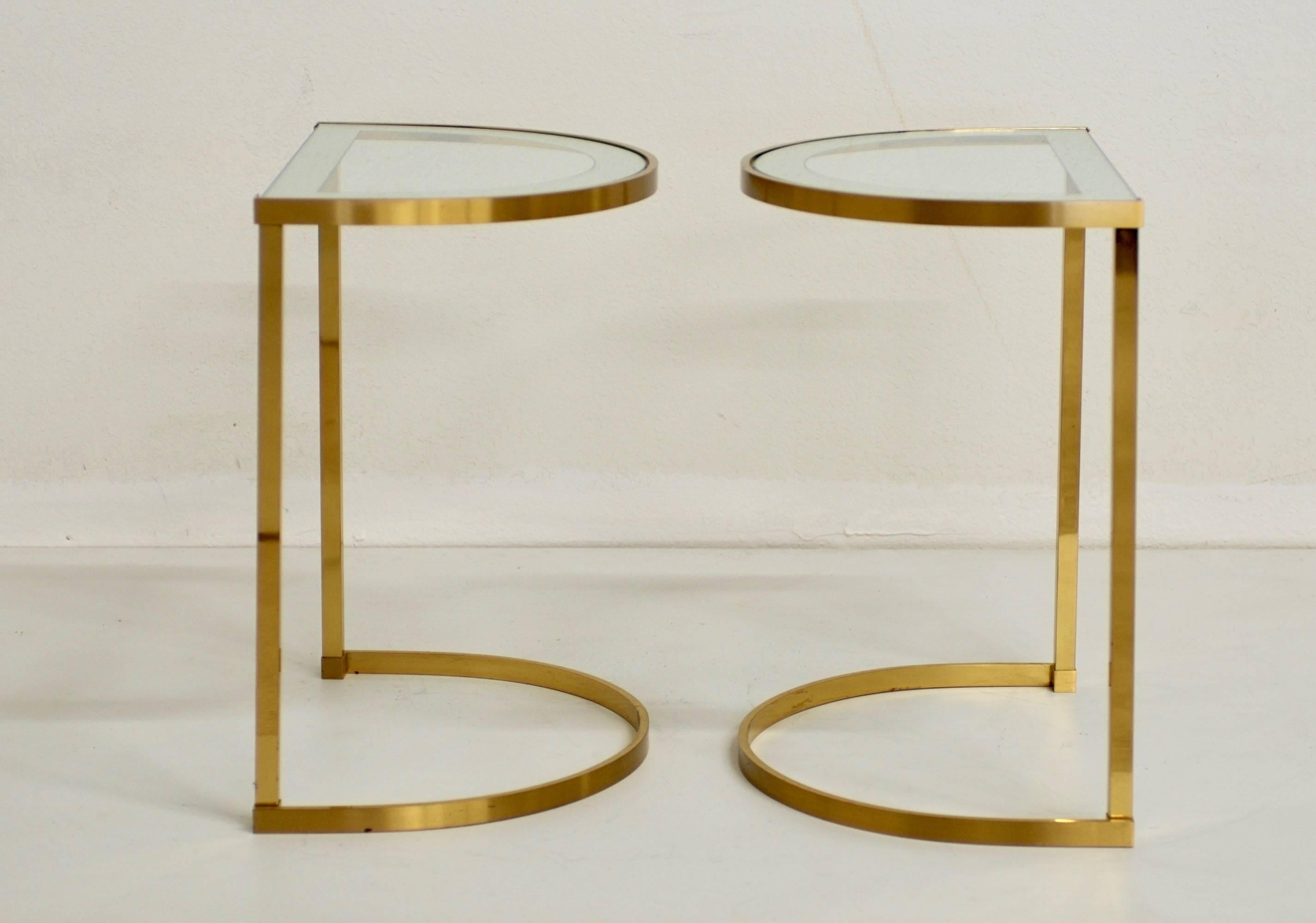 Pair of Italian 1970s Brass Demilune Side Tables with Mirror Bordered Glass 3