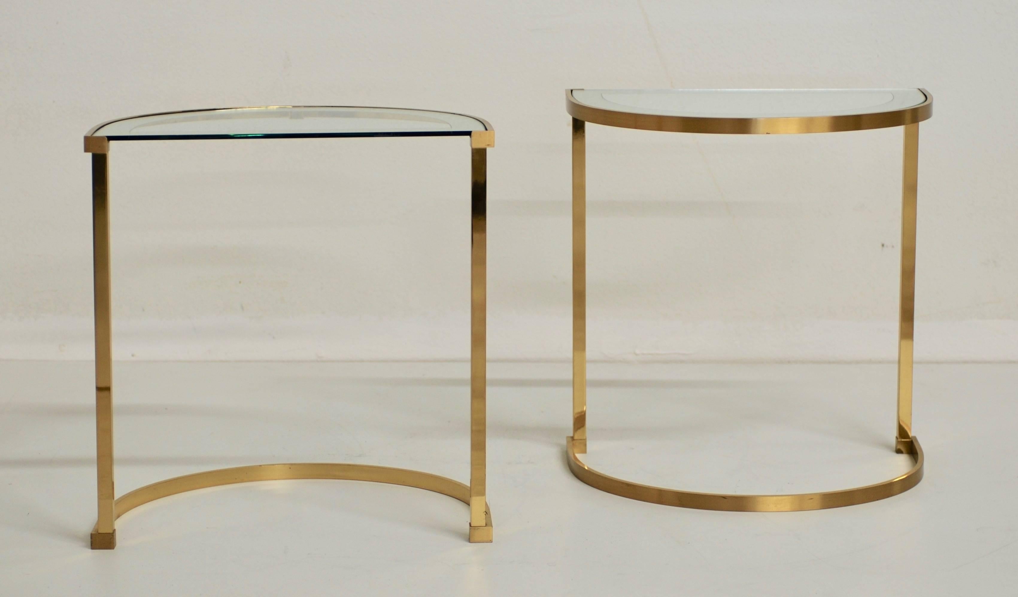 Pair of Italian 1970s Brass Demilune Side Tables with Mirror Bordered Glass 2