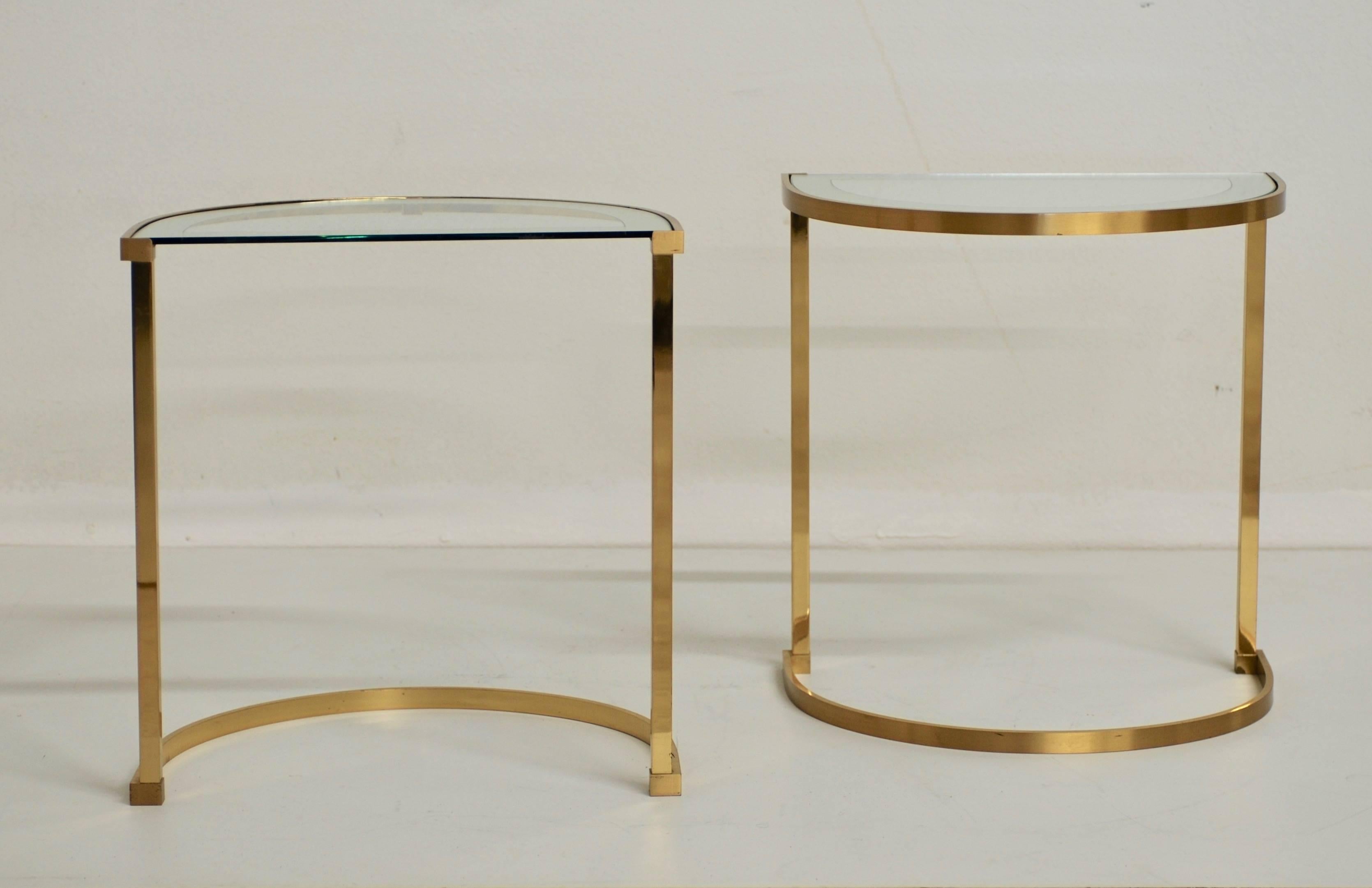 Pair of Italian 1970s Brass Demilune Side Tables with Mirror Bordered Glass 1