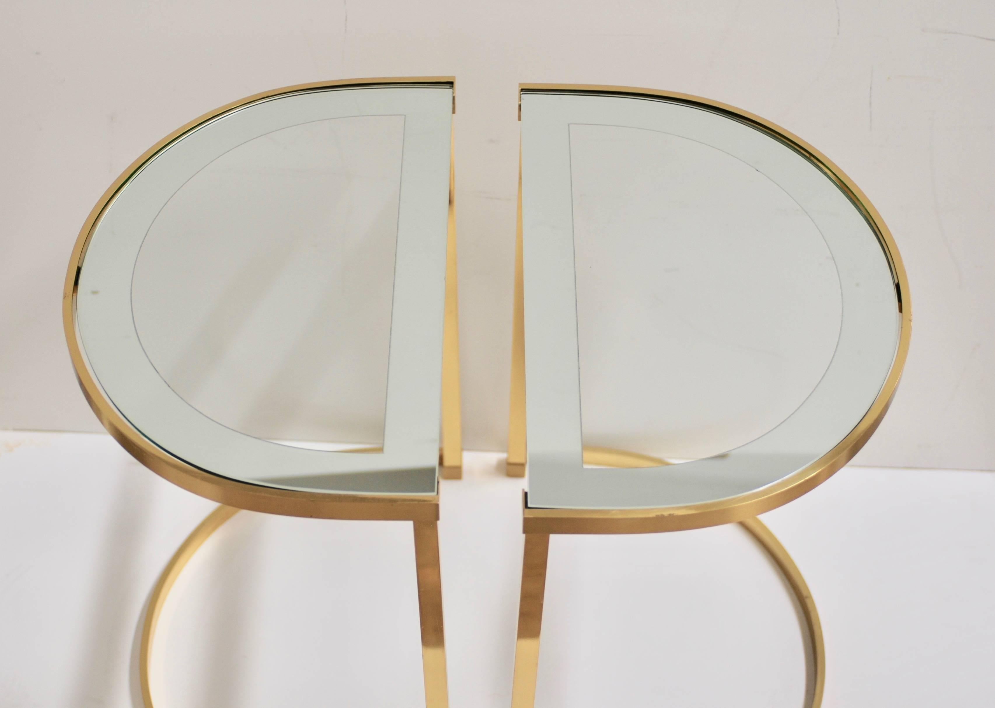 Mid-Century Modern Pair of Italian 1970s Brass Demilune Side Tables with Mirror Bordered Glass