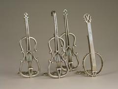 Set Four Victorian Novelty Antique Silver Musical Instruments Menu Holders