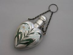 Victorian Heart Shaped Cased Silver and Enamel Scent Flask 'Lillies', 1872