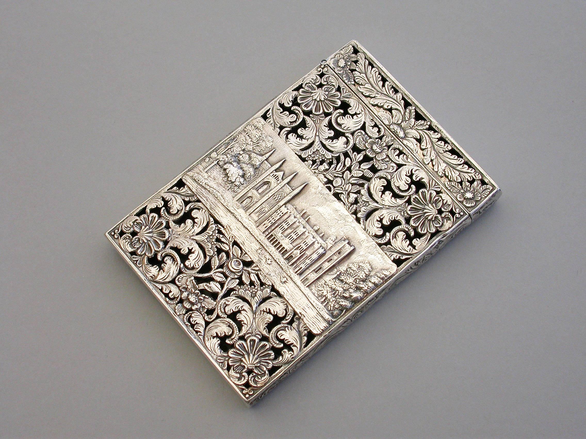 English William IV Silver Castle Top Card Case Newstead Abbey with Lord Byron Medallion