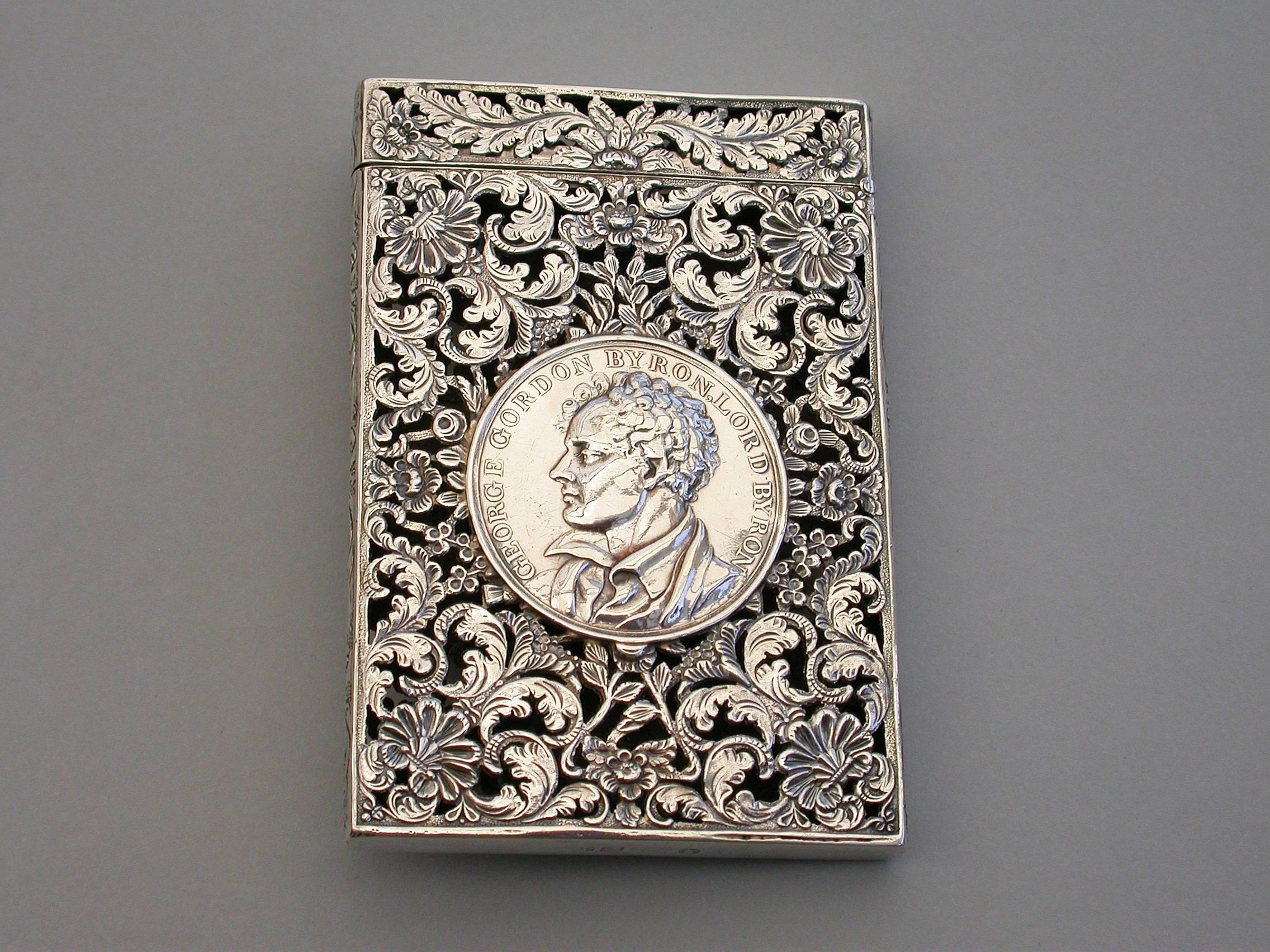 Mid-19th Century William IV Silver Castle Top Card Case Newstead Abbey with Lord Byron Medallion