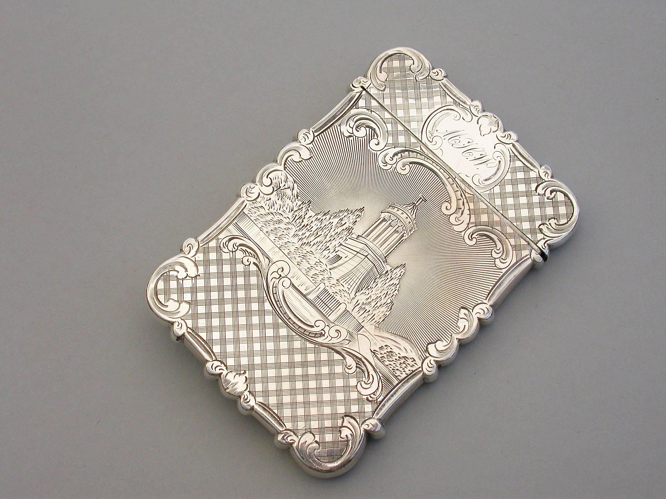 English Victorian Silver Castle-Top Card Case 'Chatsworth House & Burns Monument', 1846