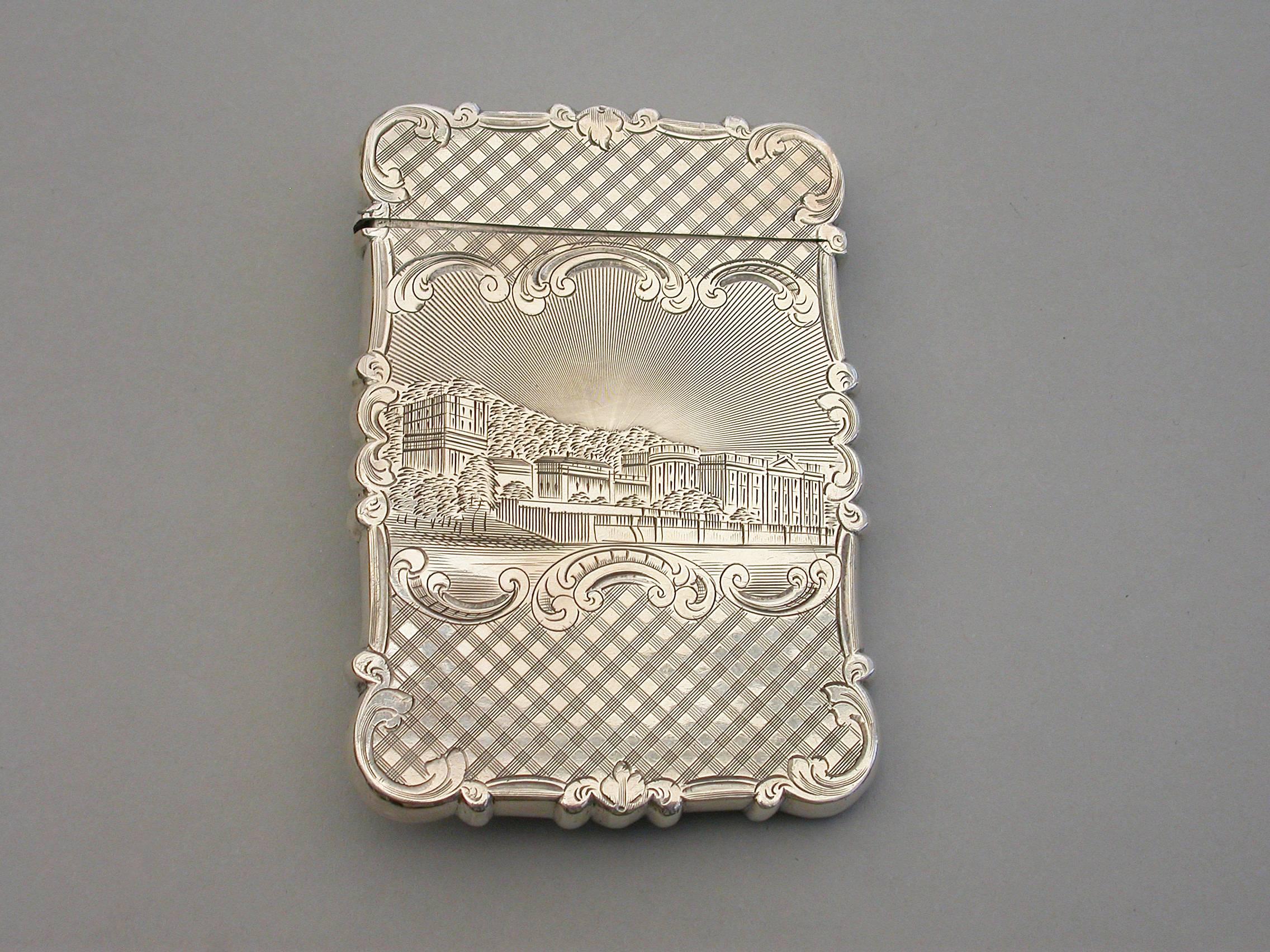 Mid-19th Century Victorian Silver Castle-Top Card Case 'Chatsworth House & Burns Monument', 1846