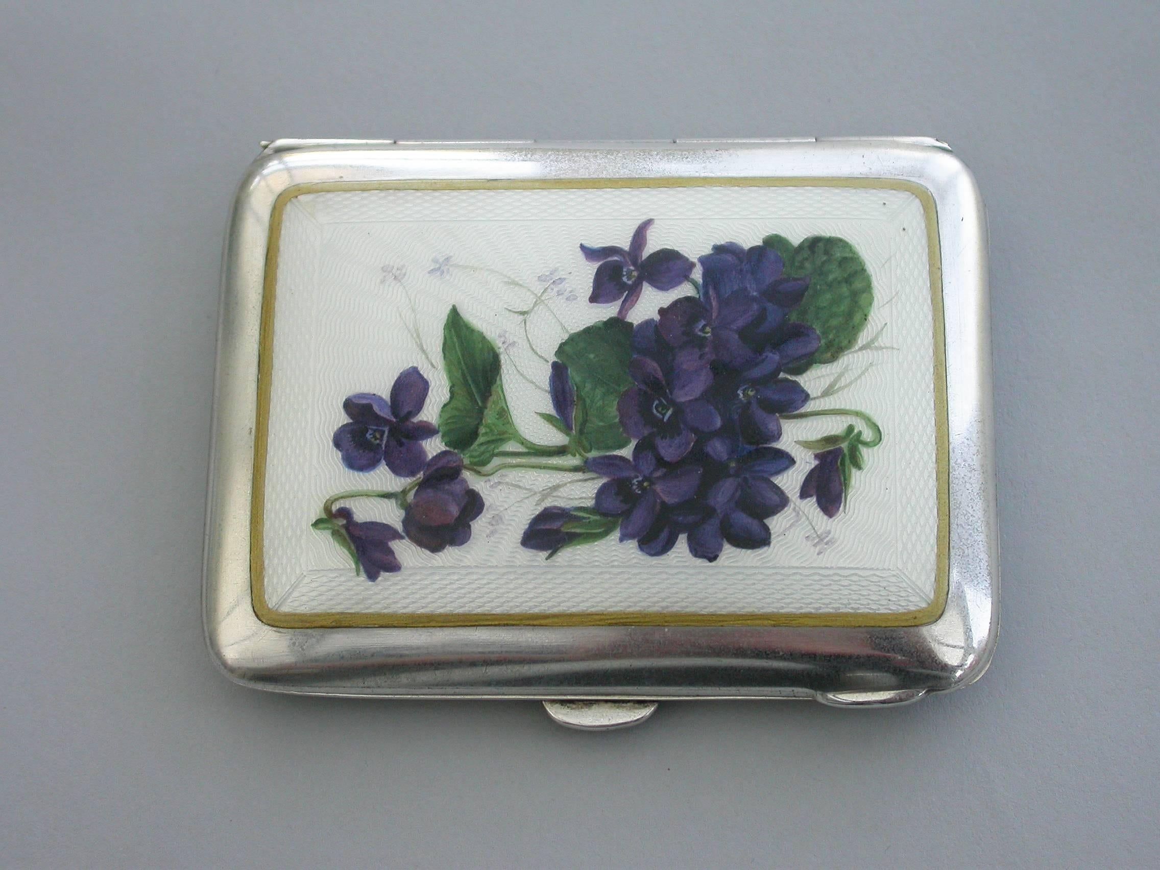 Georgian Early 20th Century Silver and Guilloche Enamel 'Violets' Cigarette Case, 1915