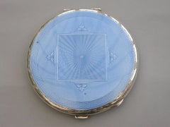 Large Mid-20th Century Silver & Sky Blue Guilloche Enamel Art Deco Compact, 1949