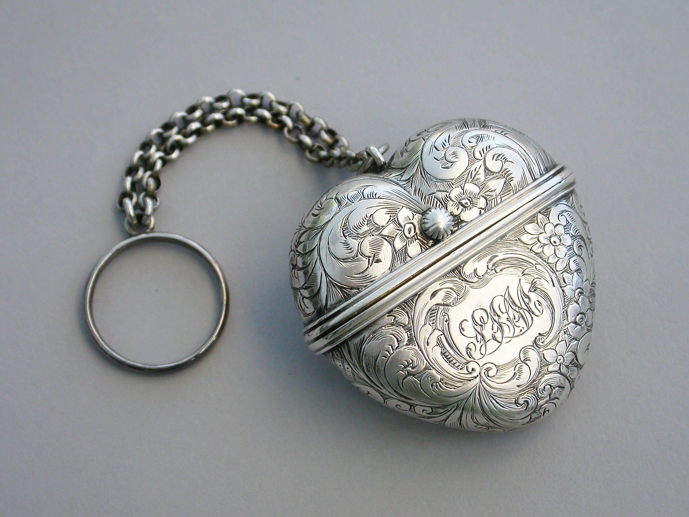 English Victorian Antique Silver Heart Shaped Vinaigrette, Rawlings & Summers, 1852