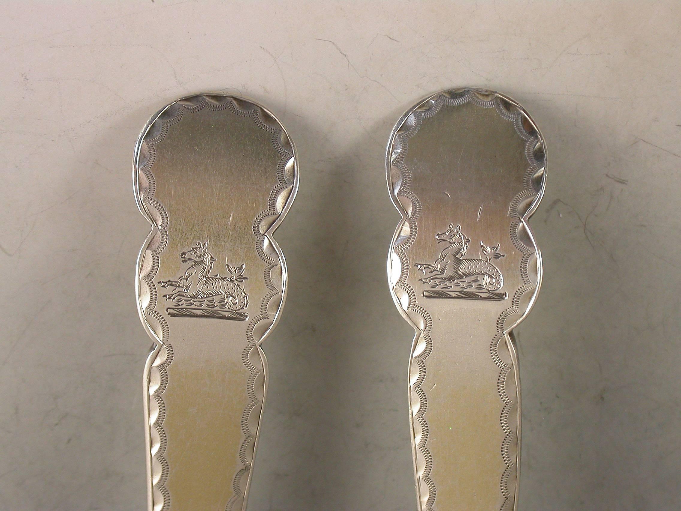 English Unusual Pair of George III Antique Silver Gilt Table Spoons by T & W Chawner