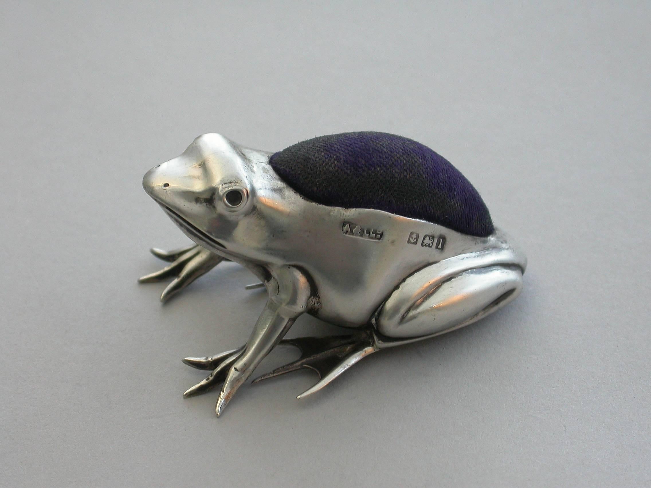 English Edwardian Novelty Silver Frog Pin Cushion by Adie & Lovekin, Birmingham, 1910