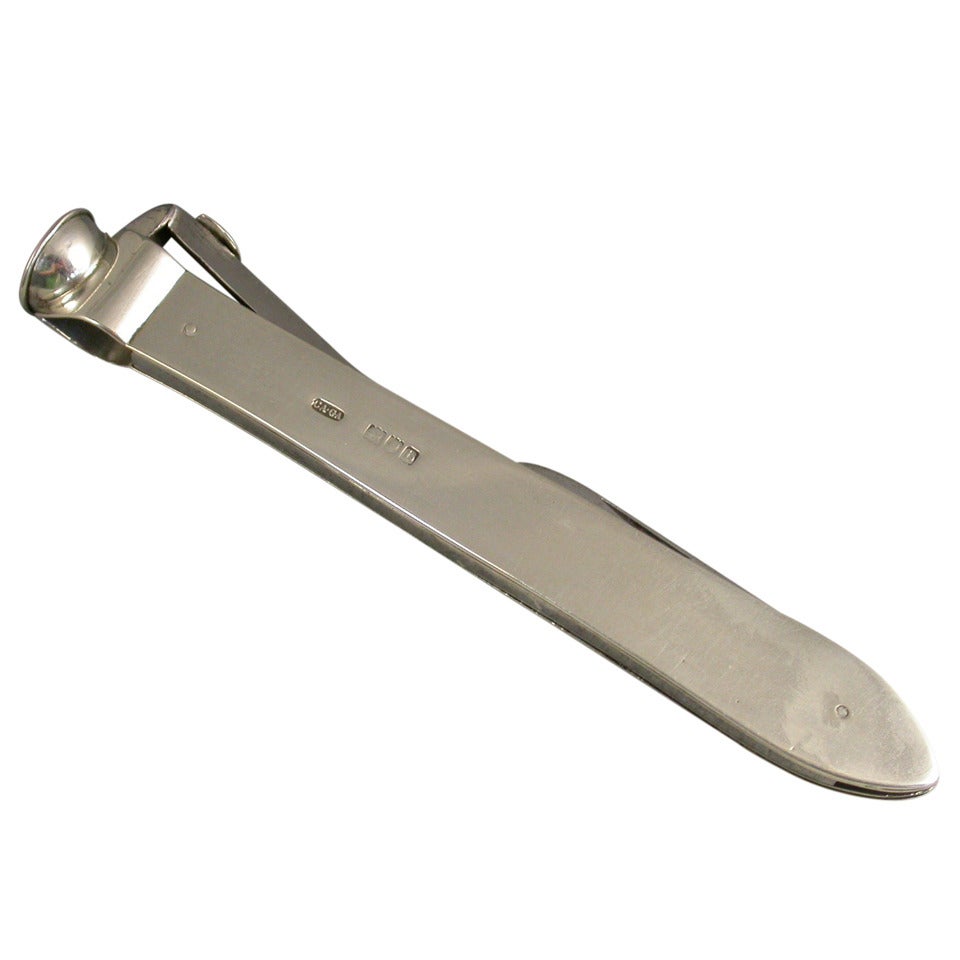 English Large Victorian Silver Combined Cigar Cutter and Pen Knife by C & G Asprey, 1897