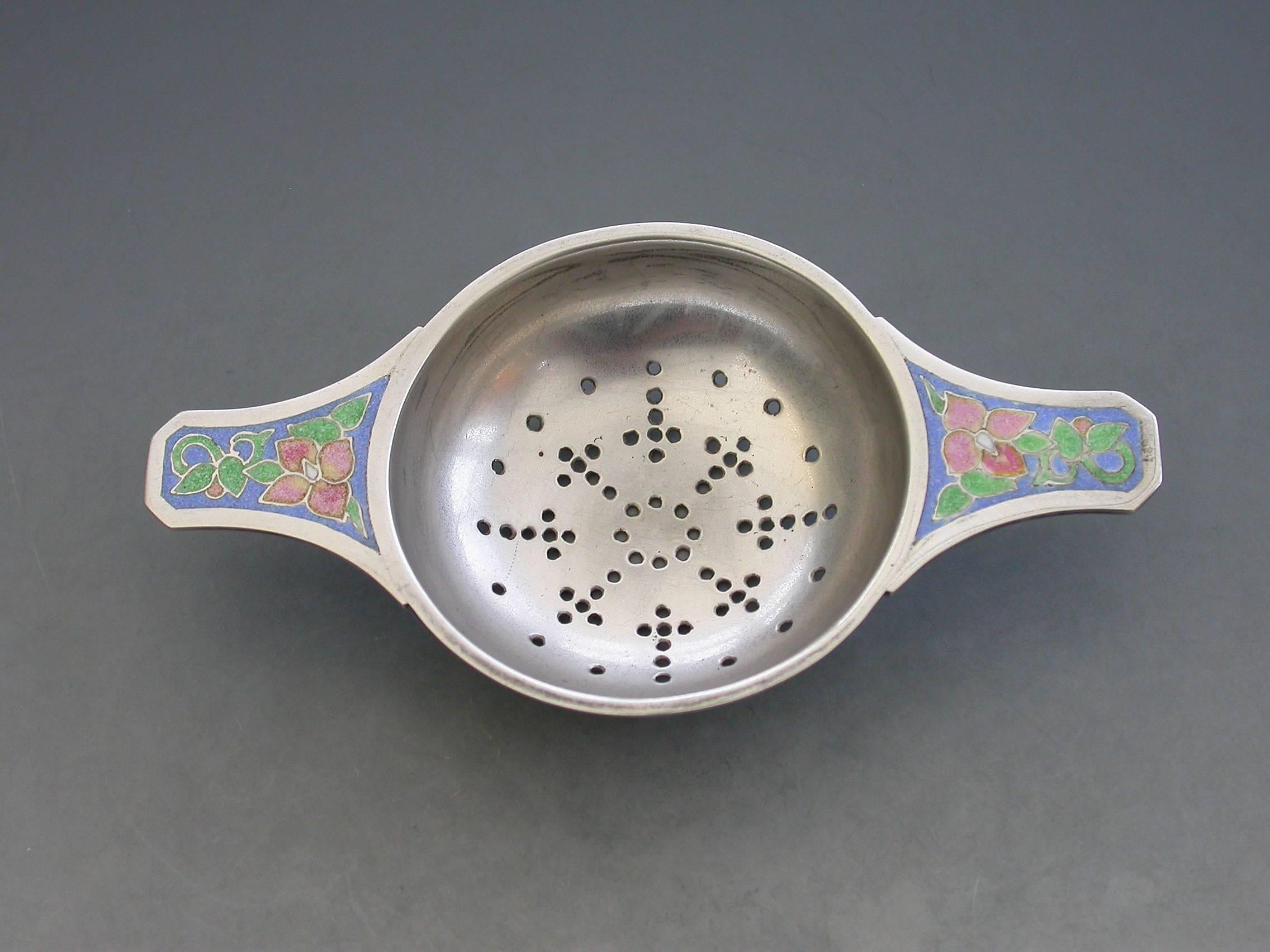 Arts and Crafts 20th Century Arts & Crafts Silver & Enamel Tea Strainer by Bernard Instone, 1930 For Sale