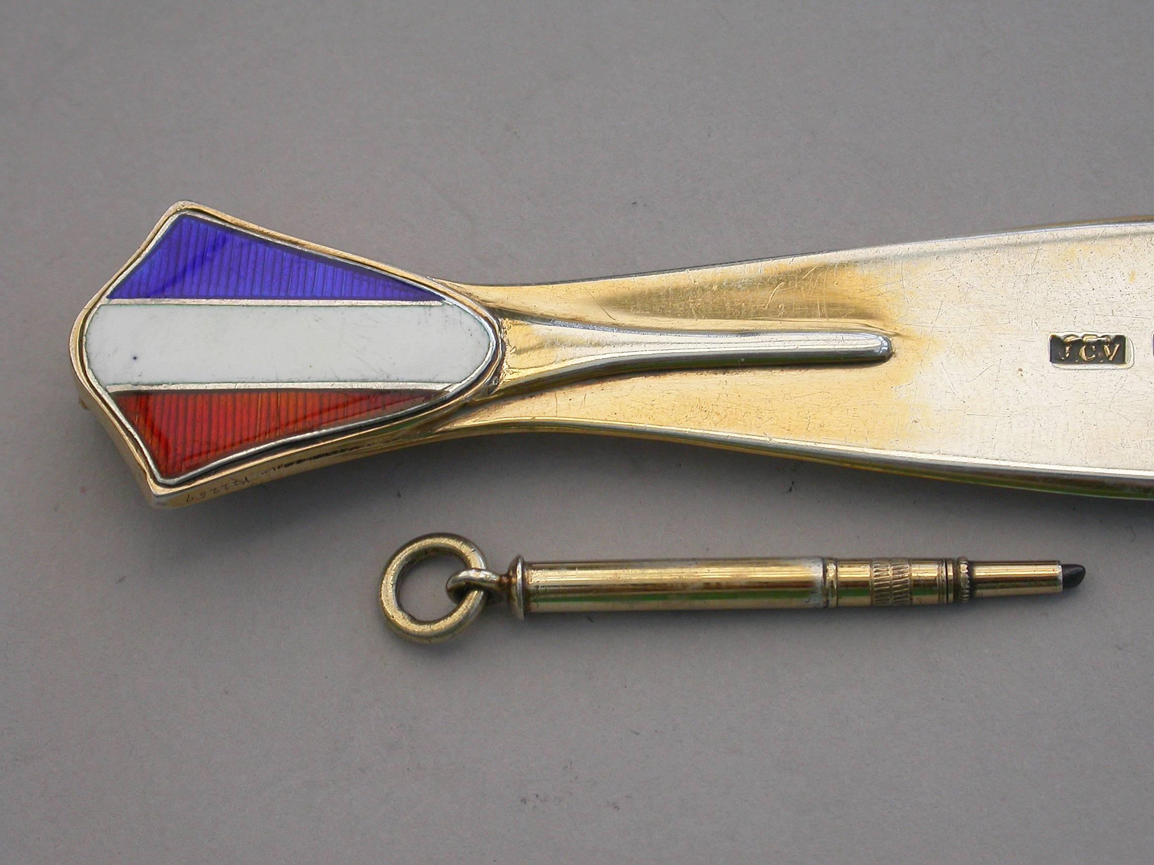 Enamelled French Tricolor Flag Silver Gilt Bookmark / Pencil, J C Vickery, 1916 For Sale 2