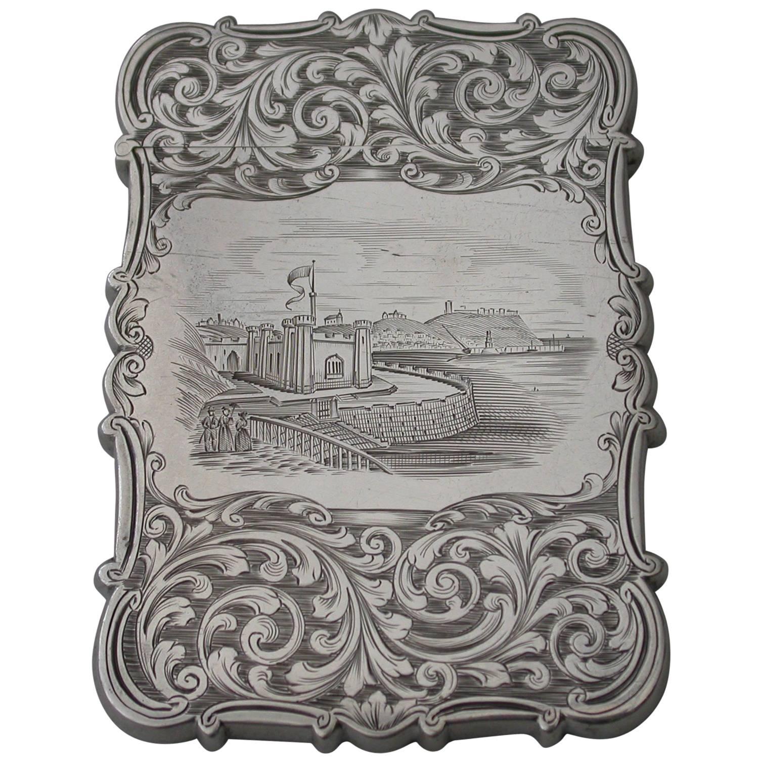 Victorian Antique Silver "Castle-Top" Card Case Gothic Spa Scarborough, 1843 For Sale