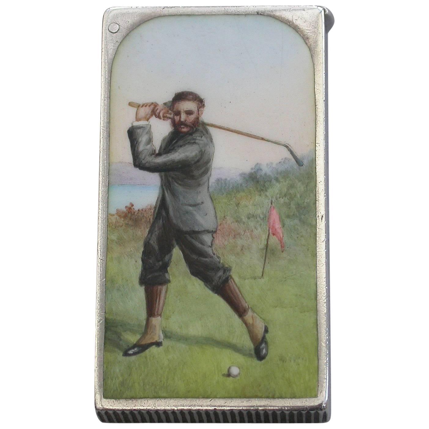 Victorian Silver & Enamel Golfing Vesta Case by Sampson Mordan & Co London, 1892 For Sale