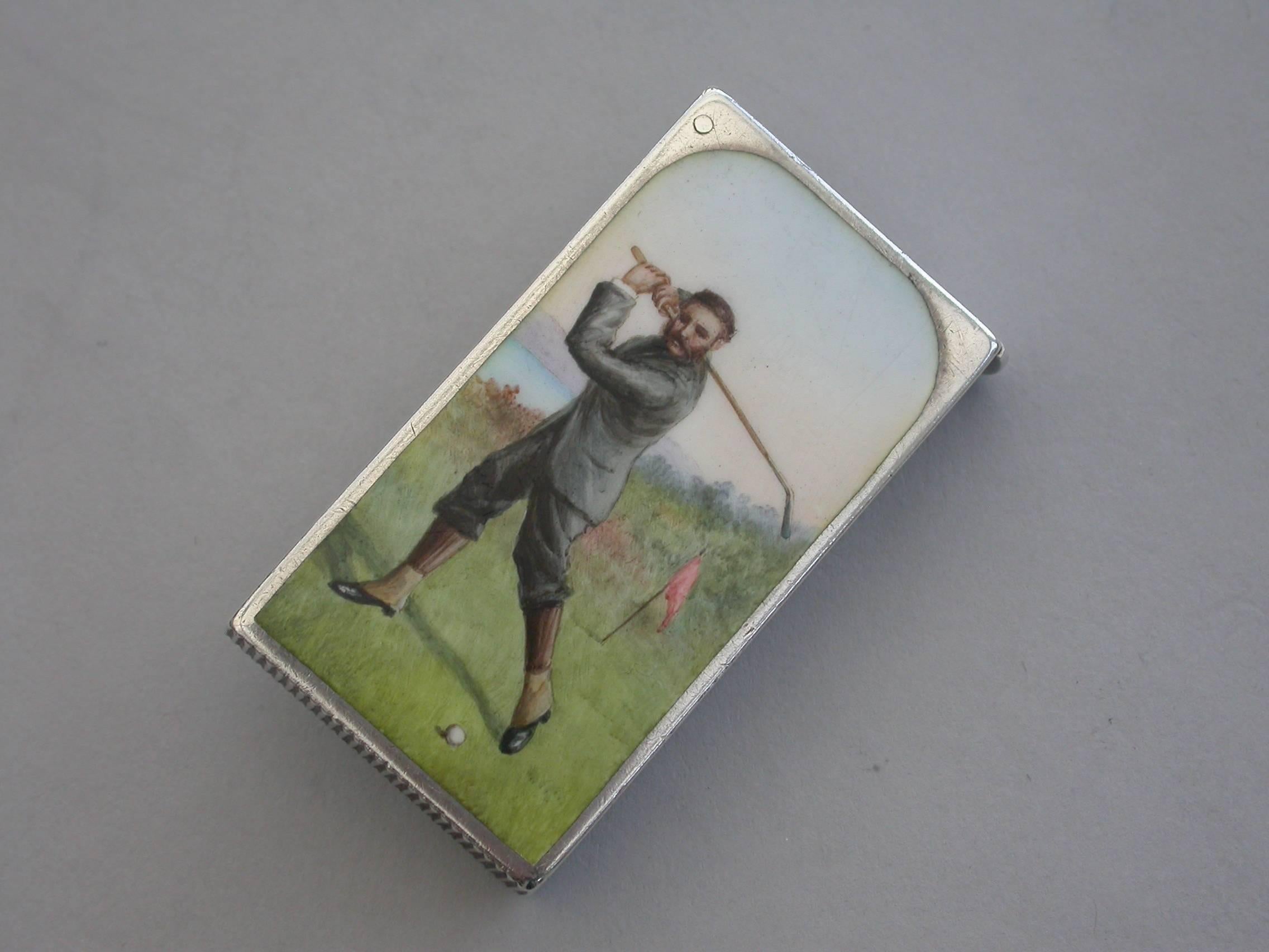 A very fine Victorian silver and enamel Vesta Case of rectangular form with flat hinged lid, the face with inset enamel scene depicting a golfer in vintage clothing and in full swing. The reverse engraved with the contemporary owners name and