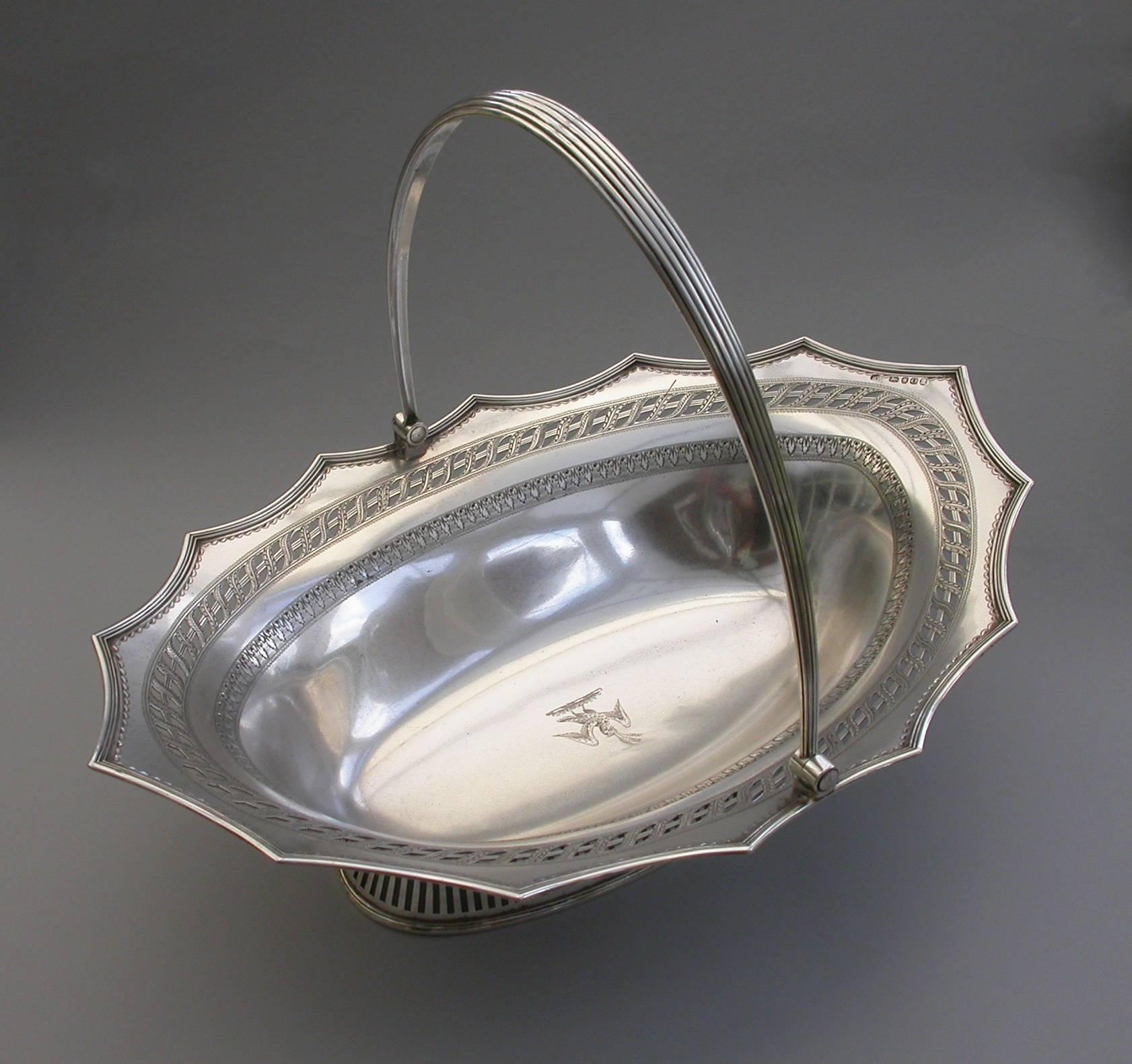 Late 18th Century George III Silver Swing Handled Cake Basket. by Robert Hennell, London, 1789