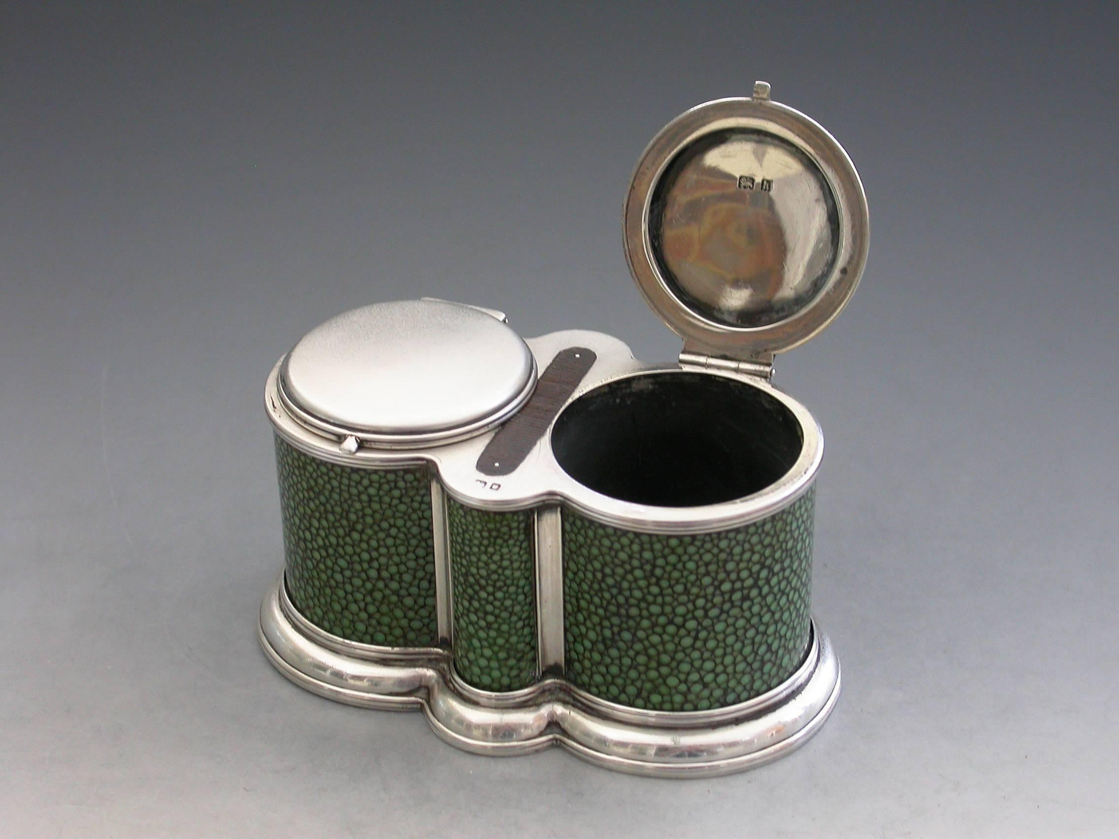A good quality early 20th century shagreen mounted silver double Table Vesta Case of 