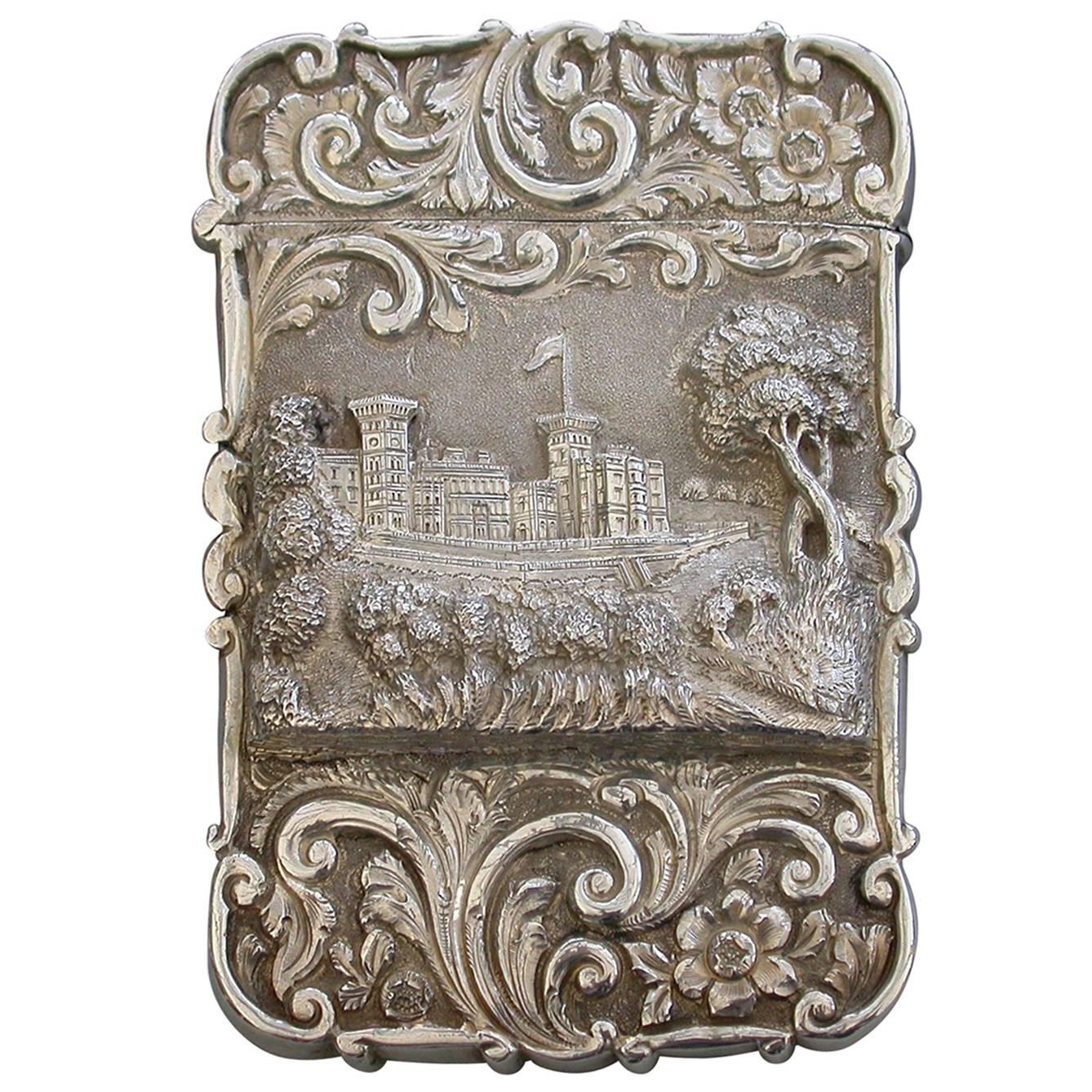 Victorian Silver Castle-Top Card Case "Osborne House" from the Shrubbery 1851 For Sale